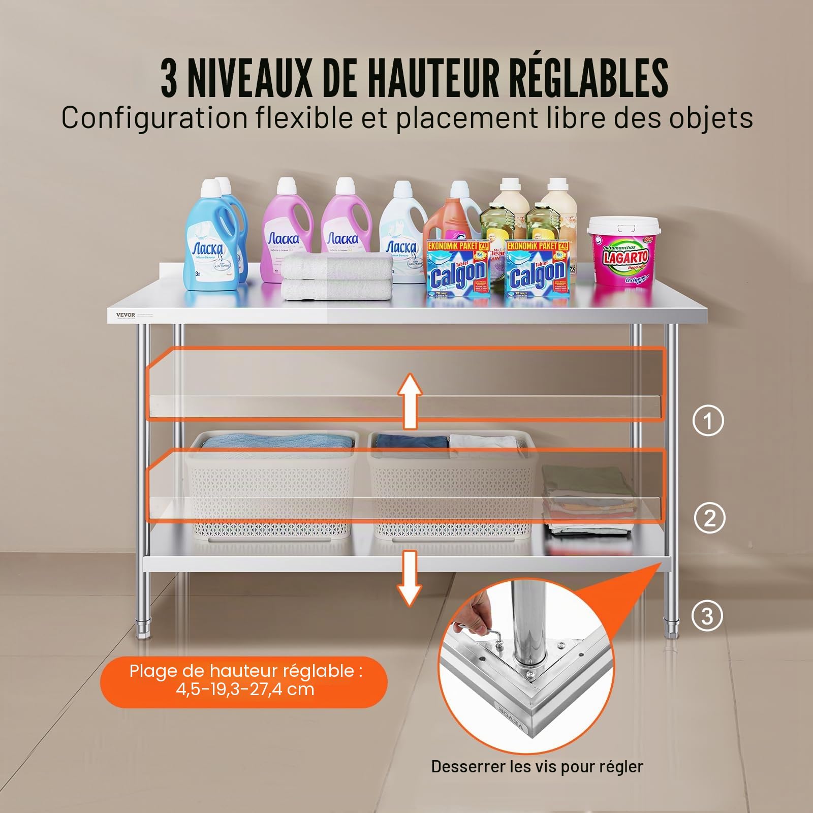 VEVOR Table de Travail en Acier Inoxydable 61x152,4x91,4 cm, Table de Préparation des Aliments Durable, Hauteur Réglable, Meuble de Rangement des Aliments, pour Cuisine Restaurant Bar Hôtel Maison