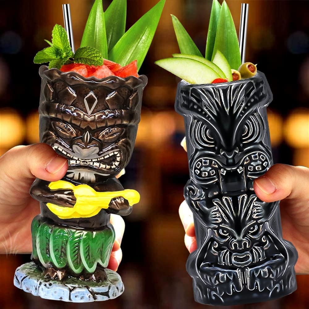 Lot de 4 grands verres Tiki en céramique pour cocktails tropicaux hawaïens et exotiques mignons