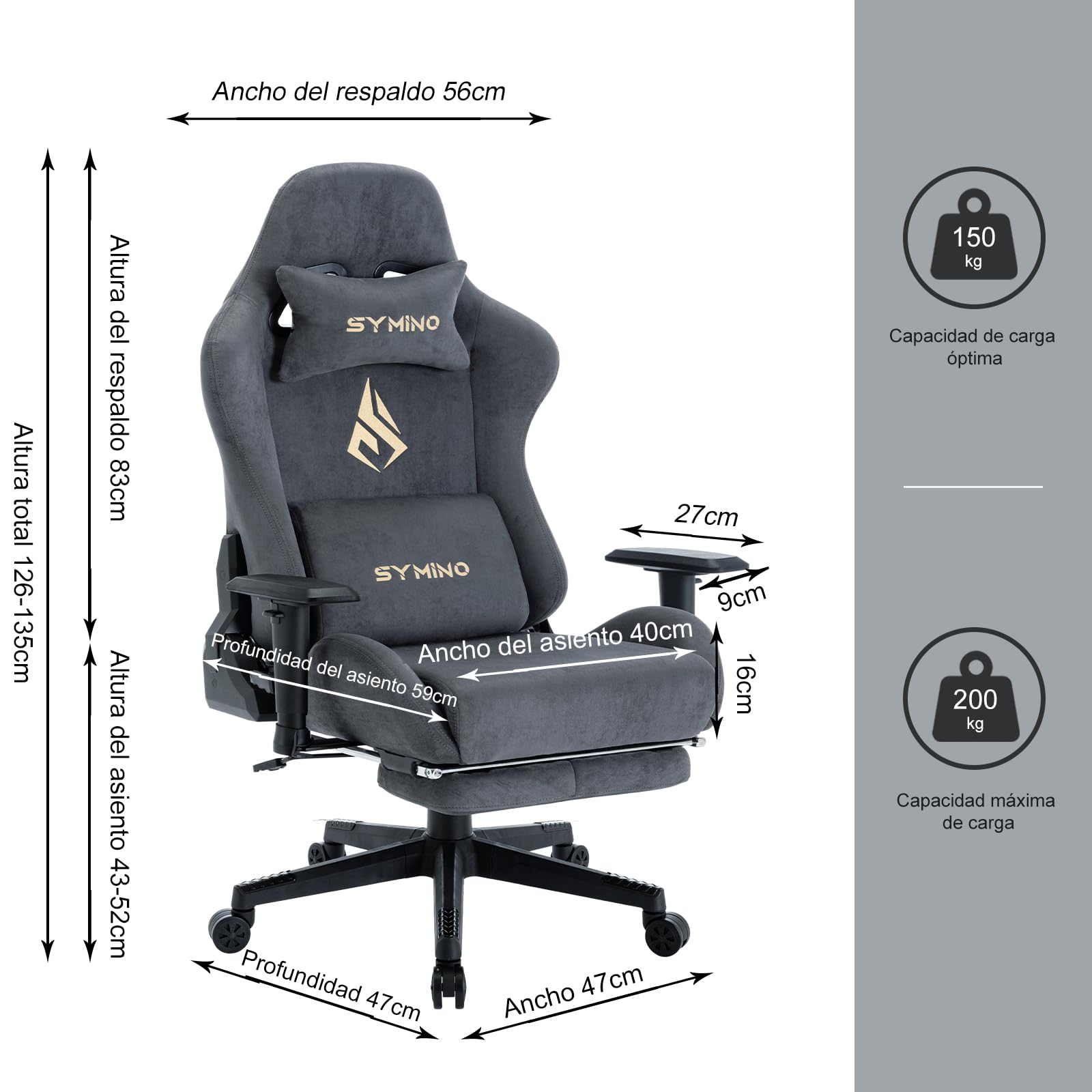 Symino Silla Gaming Ergonómica Reclinable con Reposapiés Ajustable, Soporte Lumbar y Reposacabezas Regulable, Altura Ajustable para Adultos hasta 200kg (Gamuza Artificial,Grey)