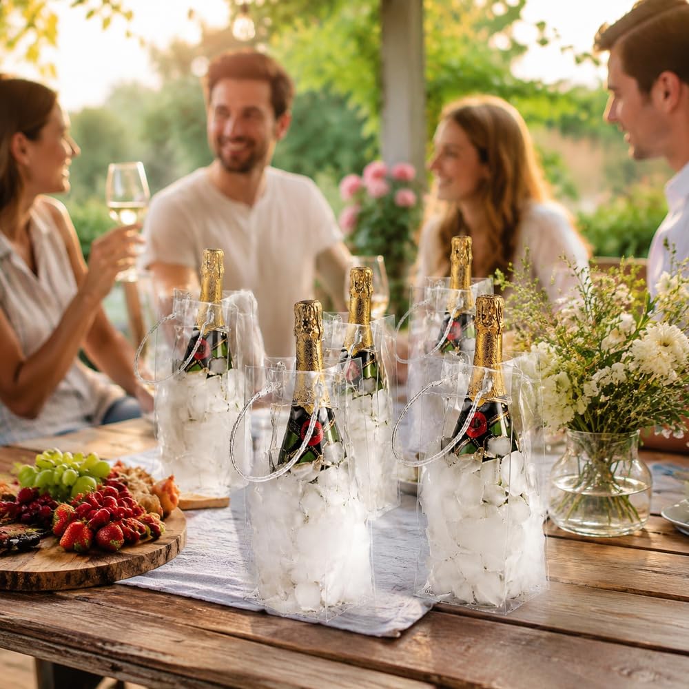 5 Stück Eisbeutel Flaschenkühler Auslaufsichere Eisbehälter, Transparente PVC Eistasche Tragbare Kühltasche mit Griff für Champagner Wein Getränke 25 * 11cm (2 Stück)