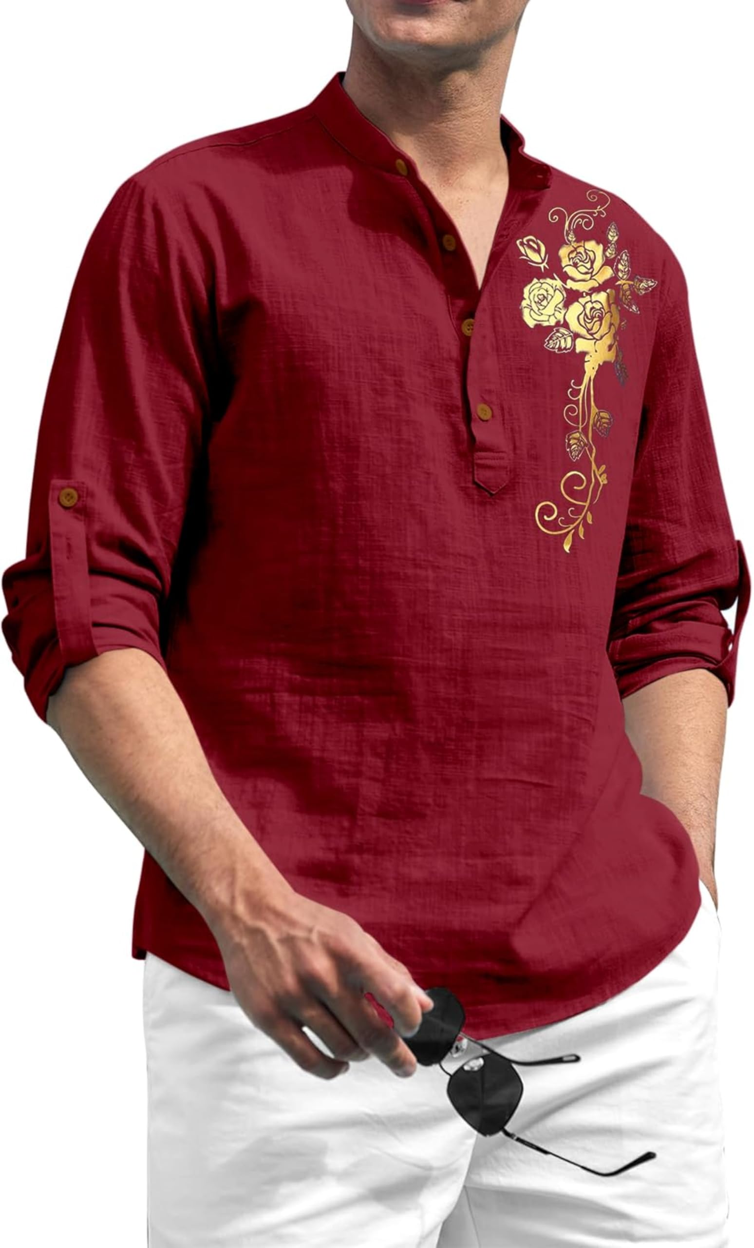 zombom Men's Cotton Polyester Blend Mandarin Collar Self One Design Printed Full Sleeve Casual Short Kurta Shirt-picture-17