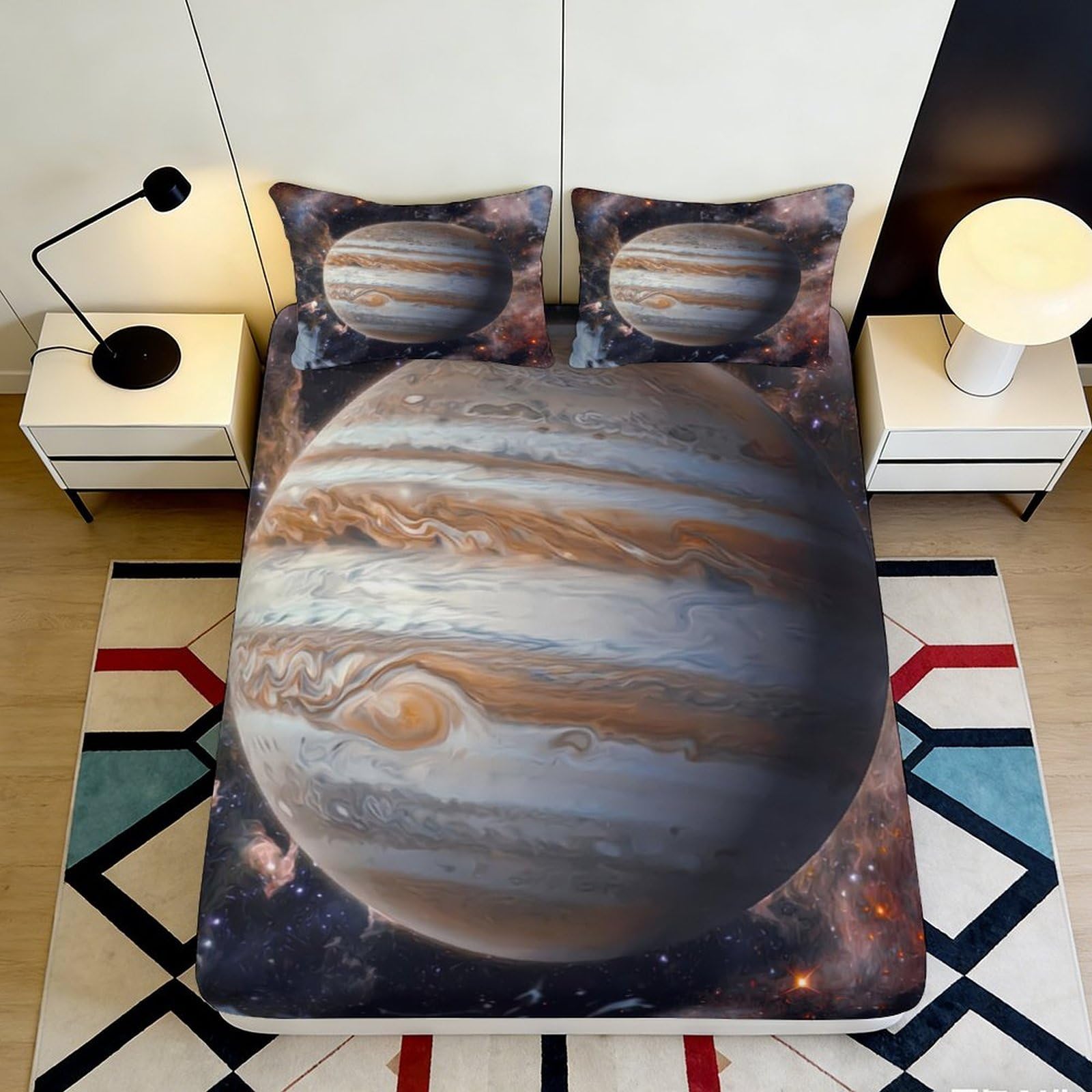 3D Printed Jupiter Planet Fitted Sheet Microfiber Soft Breathable Cosmic Space Bed Cover for Bedroom Dorm Decor 90x200x25cm