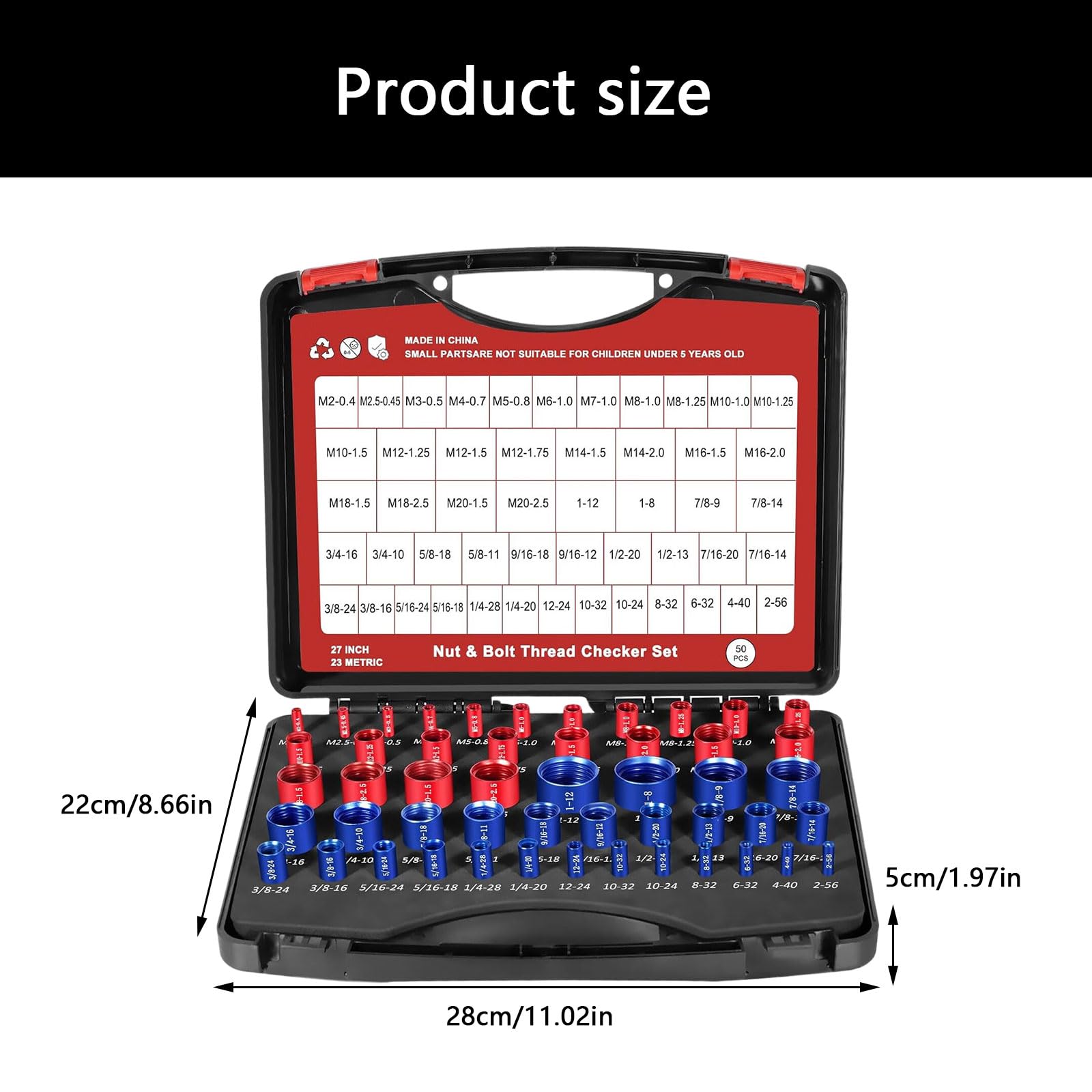 Set di 55 calibri per filettature metriche standard con custodia portatile con codifica a colori, struttura in alluminio con codifica a colori, set di calibri per filettature