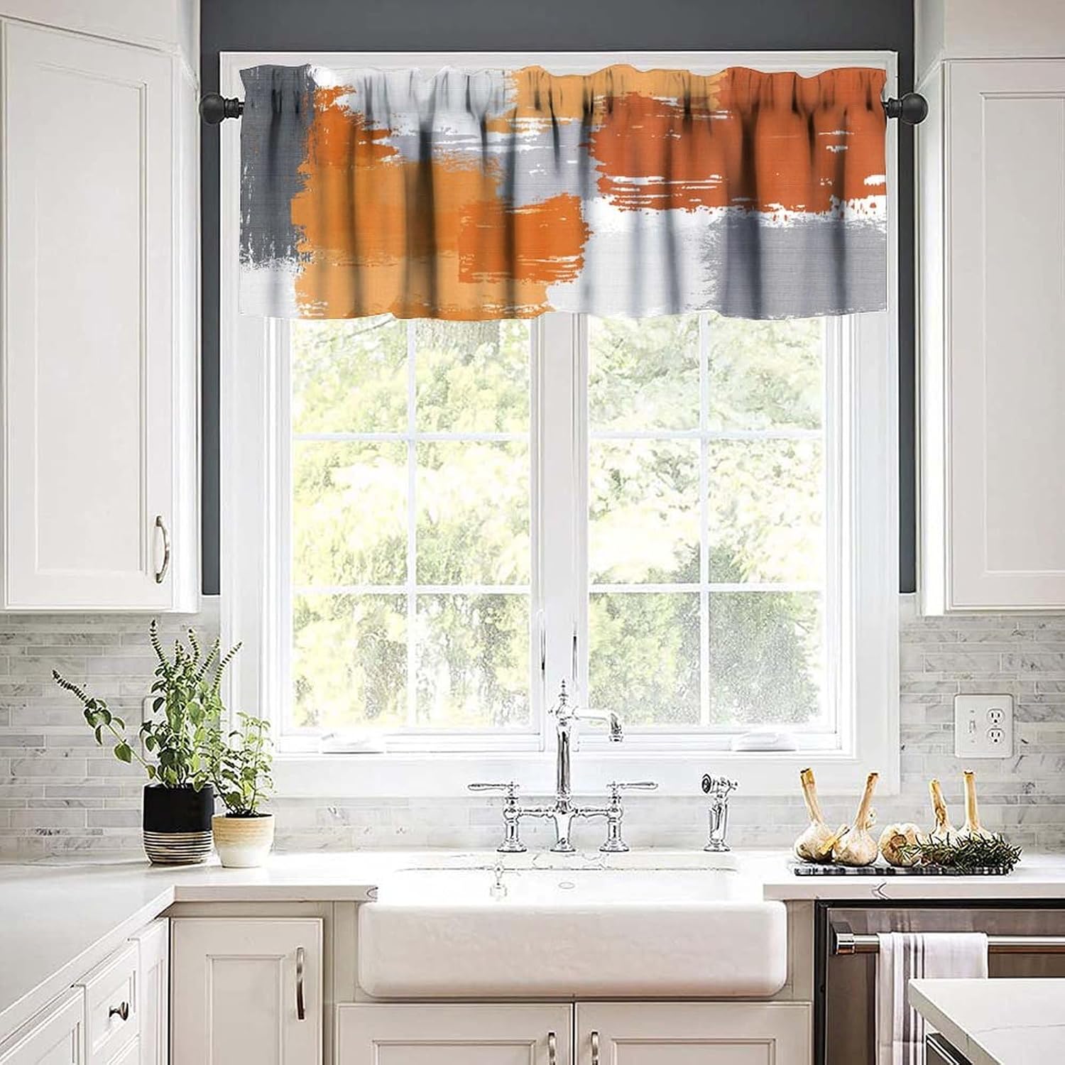 YCness Orange Gray Window Valances White Rod Pocket Kitchen Short Curtain Valance Windows for Bedroom Bathroom Living Room Decor Abstract Art Painting, 54x18 Inch，1 Panel