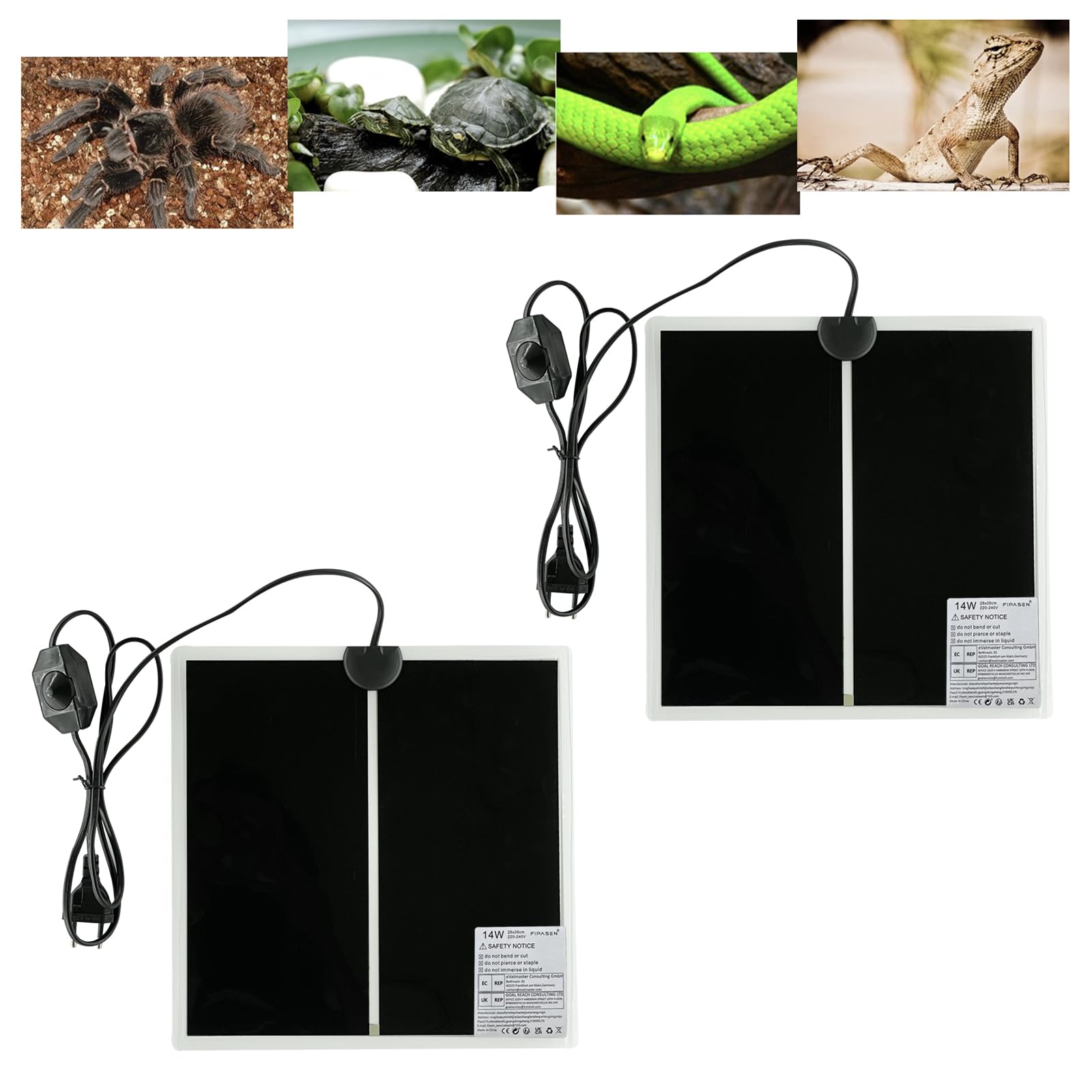 Tapis chauffant reptile 14W réglable - Lot de 2 coussins thermiques 28x28cm pour terrarium et lézards