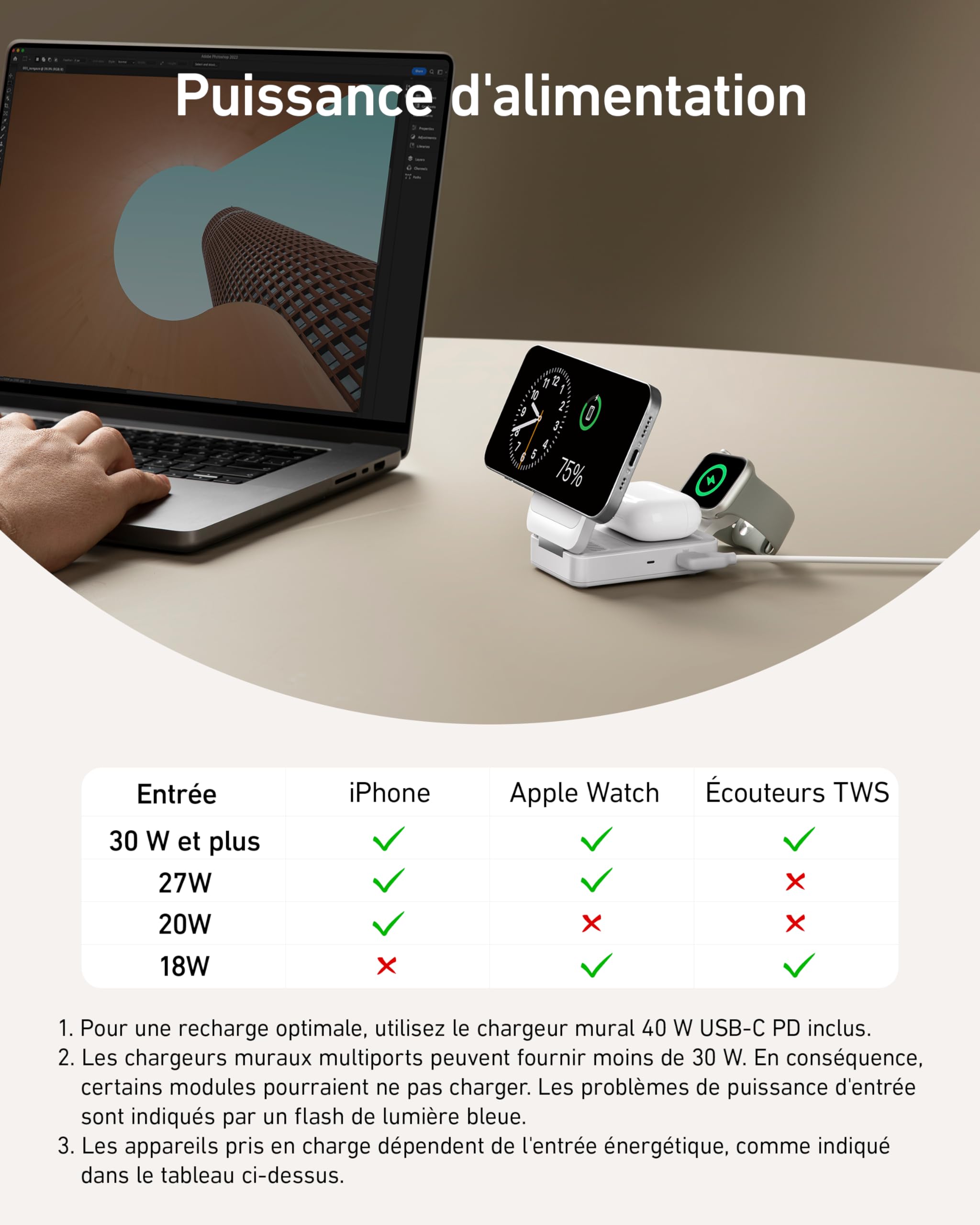 Anker MagGo Chargeur Induction iPhone 3 en 1 Magsafe 15W, Base de Recharge sans Fil Certification Qi2 Compatible avec MagSafe, pour iPhone 17/16/15/14 AirPods Watch(Chargeur USB C 40W Inclus)