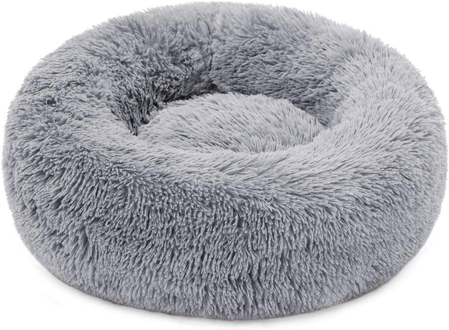 Plush Donut Pet Bed,Dog Cat Round Warm Cuddler Kennel Soft Puppy Sofa,Luxury Cat Cushion Bed Sleeping Bag Orthopedic Relief and Improved Sleep,Anti-Slip Bottom,Machine Washable (L-23.6" x 7.9", Grey)