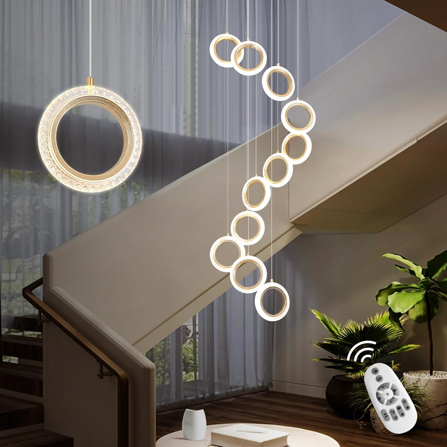 Kronleuchter Hohe Decke 12 Ringe Große Treppenhaus-Deckenbeleuchtung Einstellbar Goldene Moderne LED-Pendelleuchte Kristallfoyer Dimmbarer Deckenleuchter für Treppeneingang Wohnzimmer