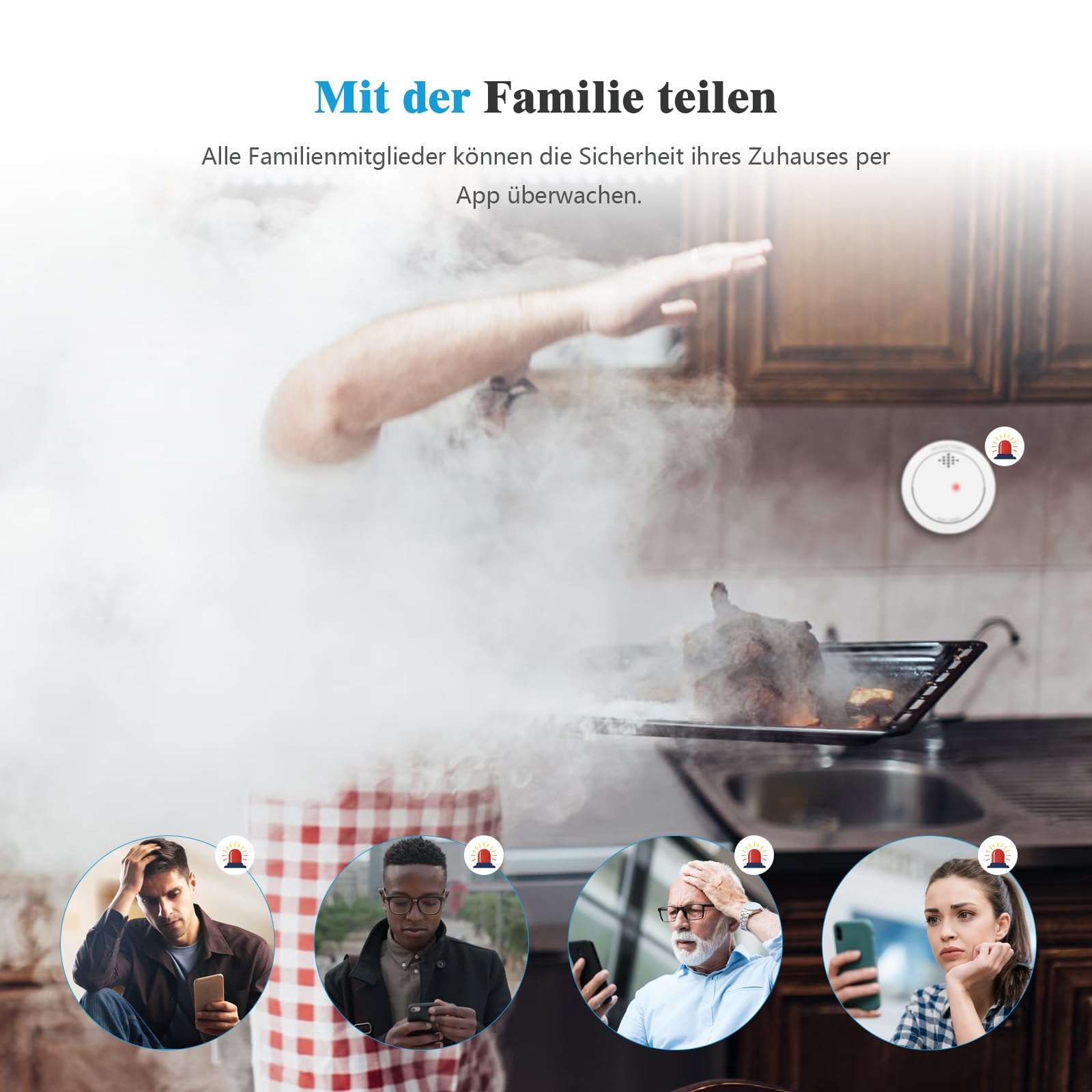 XINDUM 10 Jahre Rauchmelder mit Basisstation Smart Feueralarm 6 Set | TÜV-Rheinland zertifiziert nach EN 14604 Vernetzter Feuermelder mit austauschbarer Batterie kompatibel mit APP
