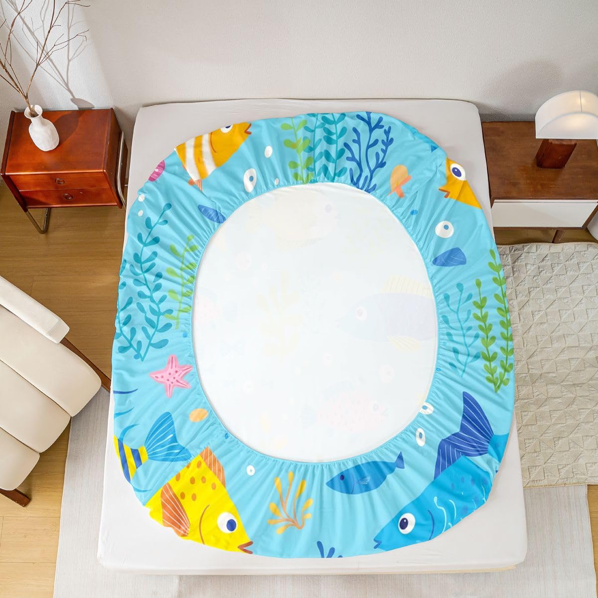 Homewish Sea World urocze ryby podwójne płaskie prześcieradło z gumką niebieskie zwierzę morskie kreskówka prześcieradła głęboka kieszeń 16 cali (40 cm), zestaw prześcieradeł bąbelkowych z 2