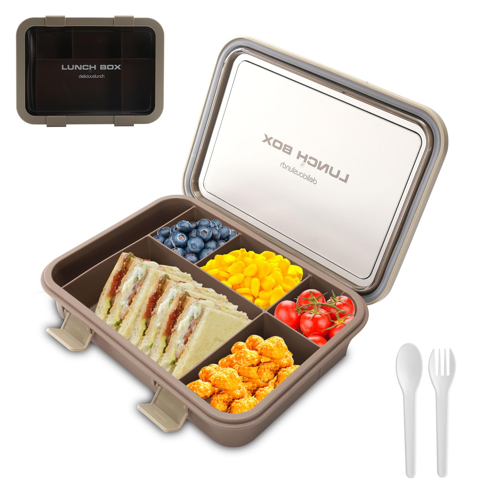 SEPSCO Lunch Box Bento Boxes, 6 Compartments 1500ml Large Capacity Reusable Leakproof BPA Free, Salad Snack Sandwich Food Storage Container with Cutlery for Kids Adult Work School Travel (Brown)