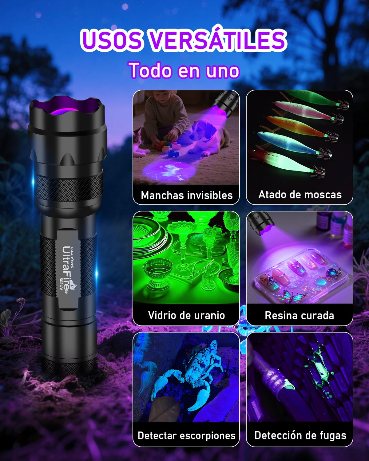 Ultrafire Linterna UV 395-405nm Zoom Ultravioleta Pequeña Linterna LED, Modo Unico Enfoque Ajustable Mini Linterna Táctica para Resina Secado, Orina Mascotas, 502UV