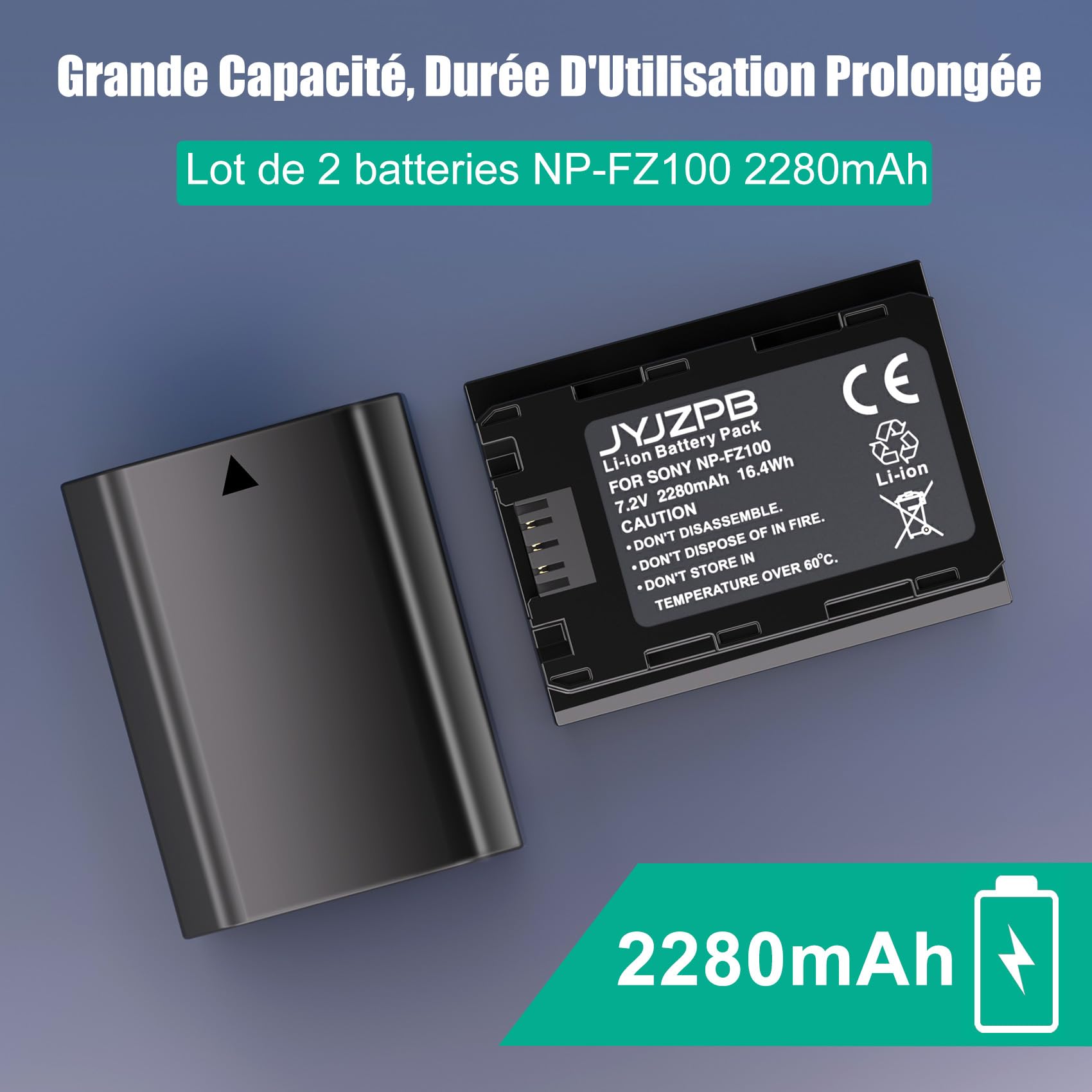 JYJZPB NP-FZ100 Lot de 2 Batteries de Rechange et Chargeur de Batterie A7iii pour Sony A7 III, Sony Alpha A7R III, A7R IV, A9, A6600, Alpha 9S, A7R3 A7S III, A7R III
