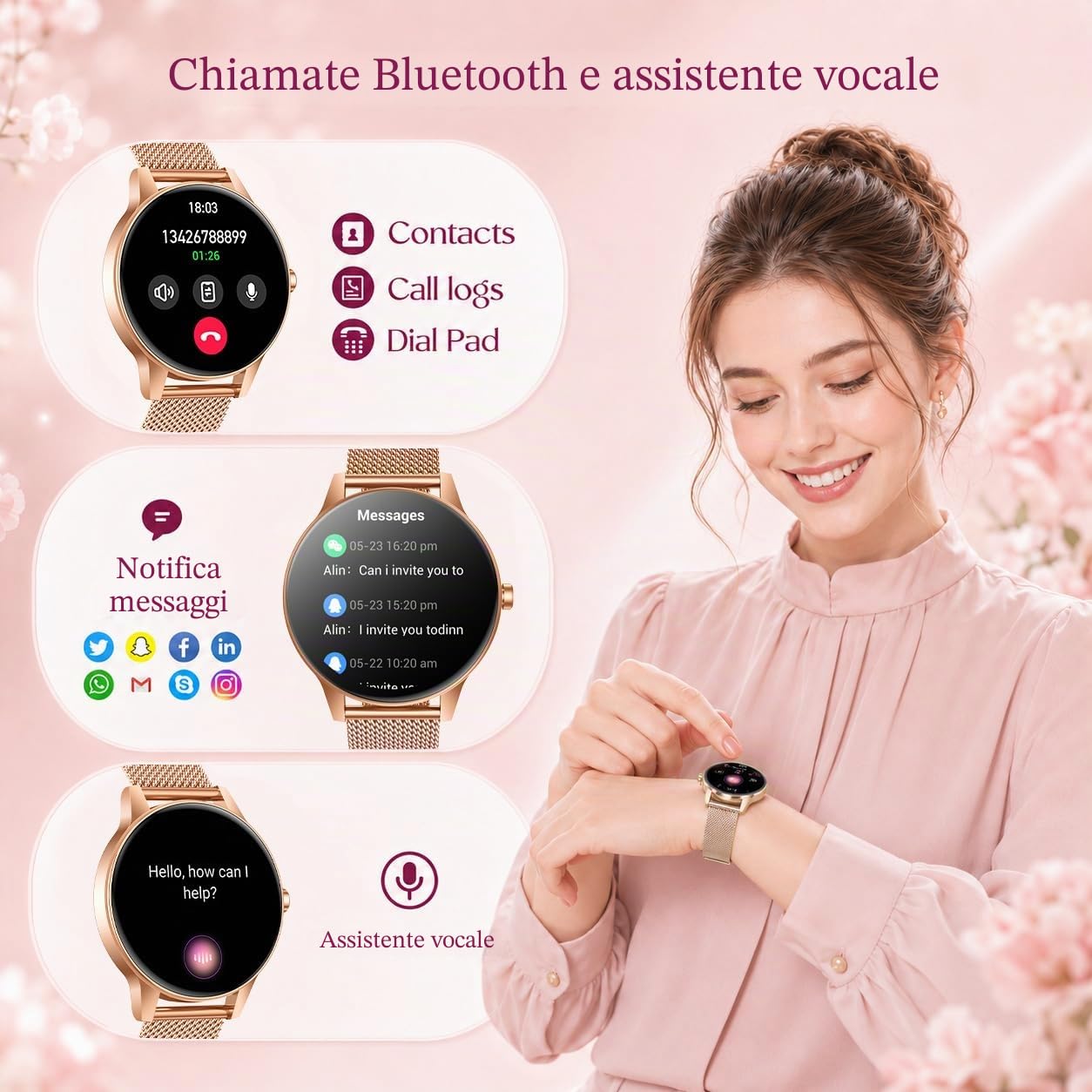 Smartwatch Donna Orologio Chiamate Bluetooth: 1,27" Tondo Touch Orologi Smart Watch da Impermeabile Sport Fitness Contapassi Cardiofrequenzimetro Pressione Caloriec Oro Polso per Android iOS Telefono
