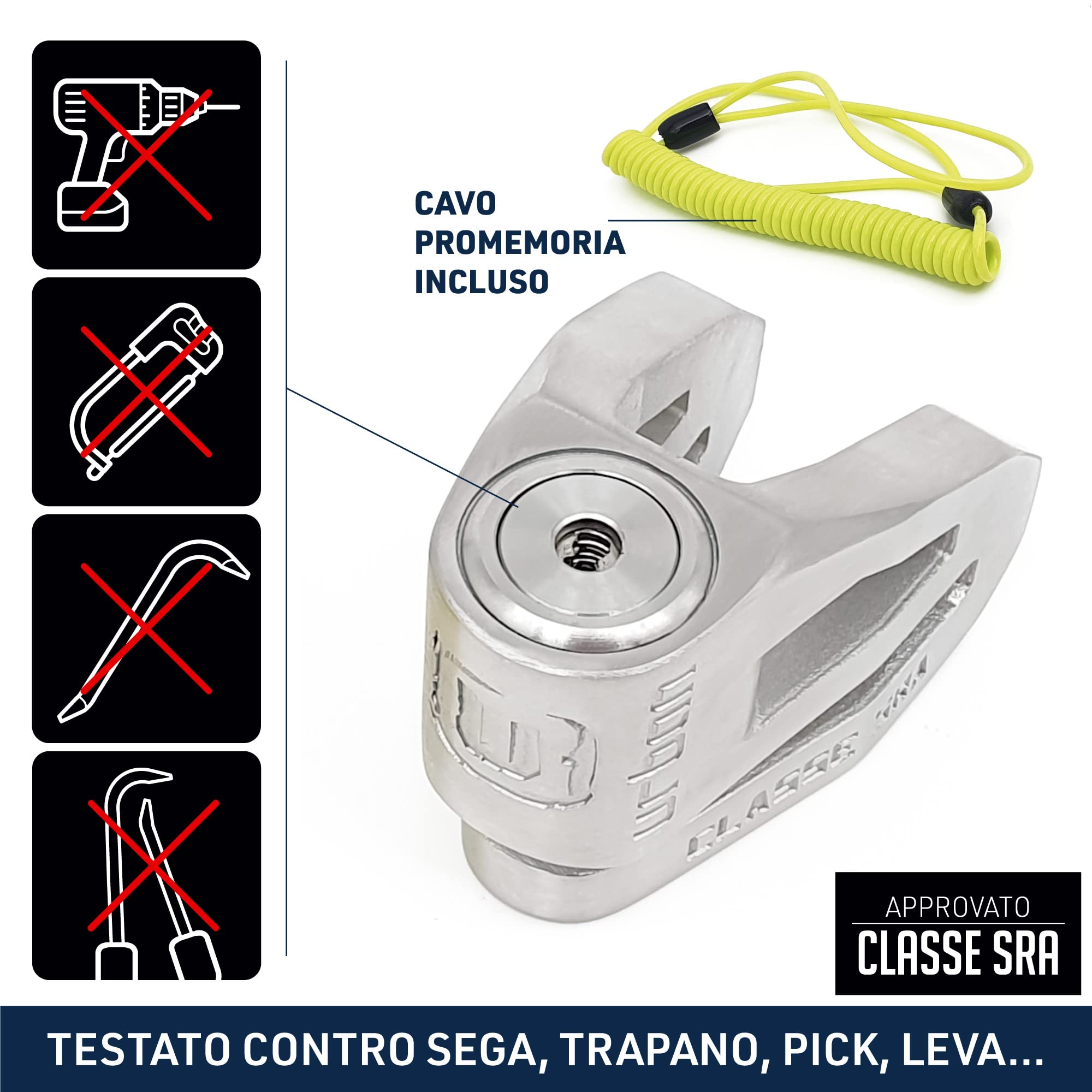URBAN UR210S Blocca Disco per Moto, Omologato SRA, Antifurto Moto Serratura Alta Sicurezza, Esclusivo Design Acciaio Inossidabile Lucidato, Doppio Bloccaggio Ø10, Lucchetto Bloccadisco Scooter