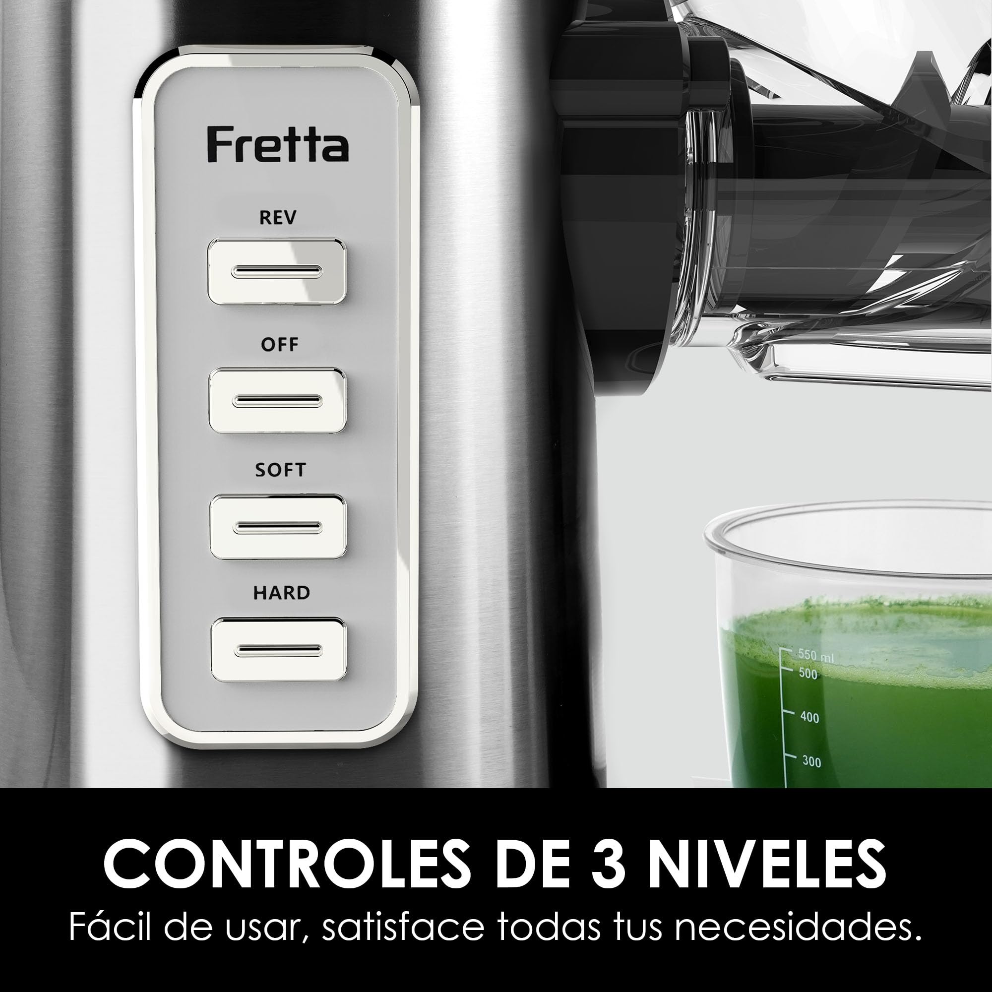 Exprimidor en frío Fretta, boca ancha de 76 mm, sin BPA, cuerpo de acero inoxidable, exprimido lento de 200W que conserva la máxima nutrición, fácil de limpiar