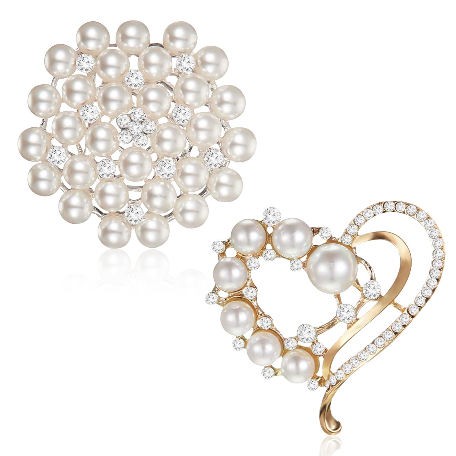 Lot De 2 Broches Femme Aikeis - Cœur Et Fleur Strass Perles - Clip Élégant Pour Mariée Ou Tenue Chic