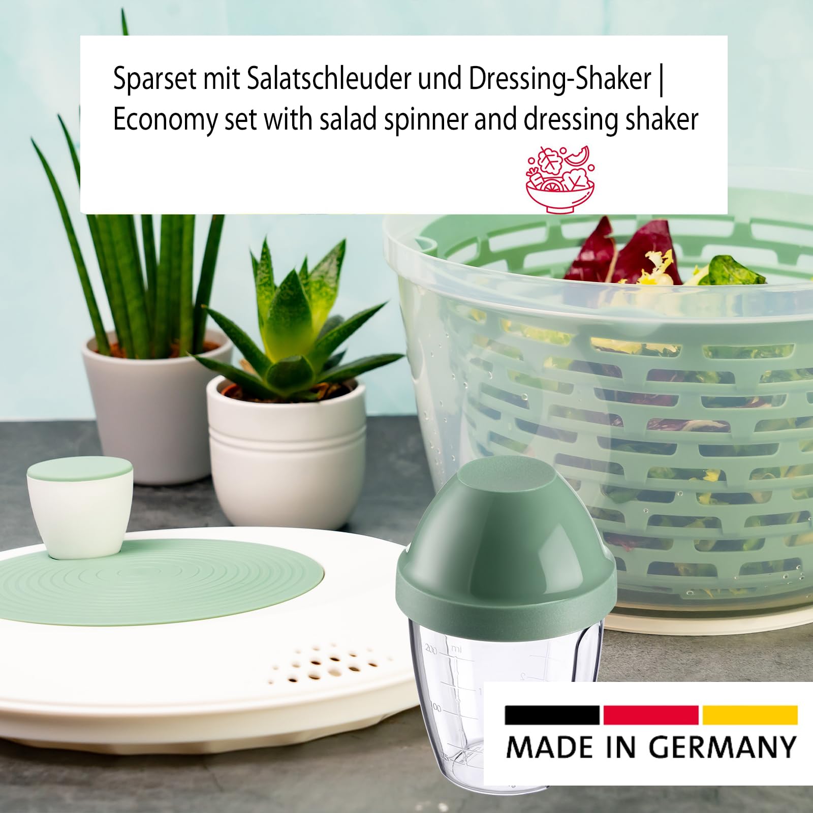 Westmark Spinderella - Centrifuga per insalata da 4,4 l e tazza per agitazione, 0,25 l, centrifuga antiscivolo con manopola girevole e beccuccio, shaker con coperchio a vite e rondella, verde menta