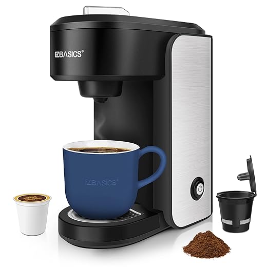 EZBASICS Single Serve Coffee Maker Coffee Brewer Compatible with Pod and Ground Coffee 4 to 10 Oz. Brew Sizes Fast Brewing Silver
