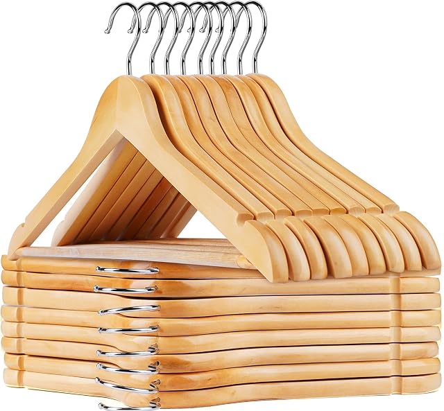 HOUISM 30 Pack Wooden Coat Hangers Clothes Hangers with Non-Slip Trouser Bar, Solid Wooden Hanger with 360° Swivel Chrome Hook & Shoulder Notches, Heavy Duty Hangers for Coat, Suits, Trouser, Jacket
