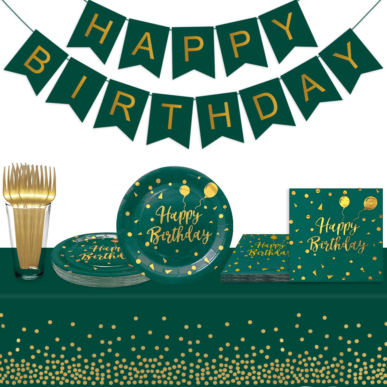 WXLDGHQ Serves 35 Guests Happy Birthday Paper Plates Party Supplies,7 Inch Dark Green and Gold Happy Birthday Disposable Paper Plates Napkins Forks