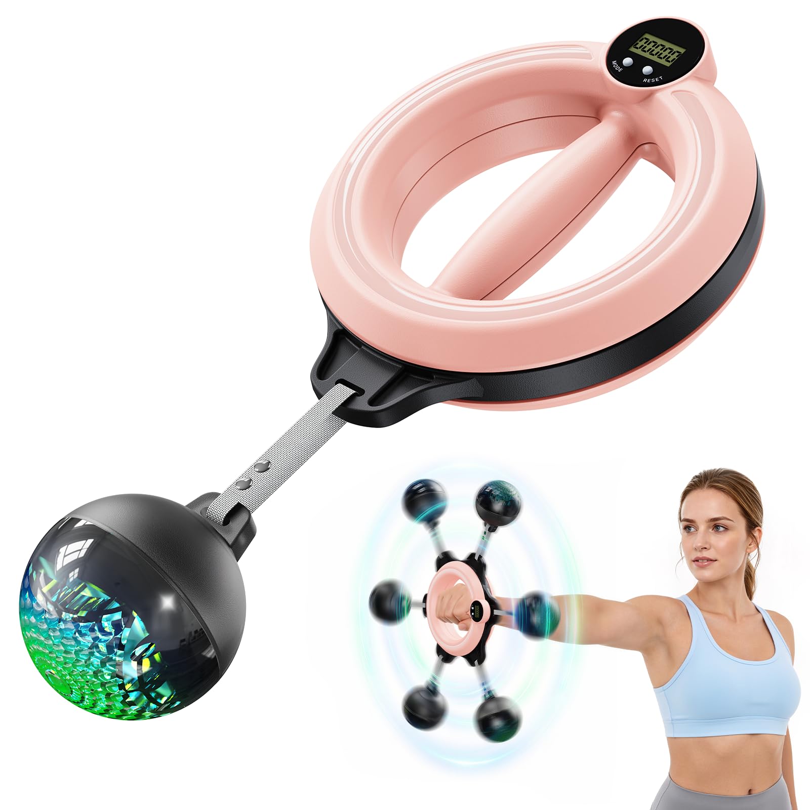 MERACH Forearm Trainer with Counter & RGB Lights, Infinity Arm Hoop with Weighted Ball for Home Office, Arm Exerciser Suitable for Muscle Recovery, Joint Care & Shoulder Mobility, for Women Men - Pink