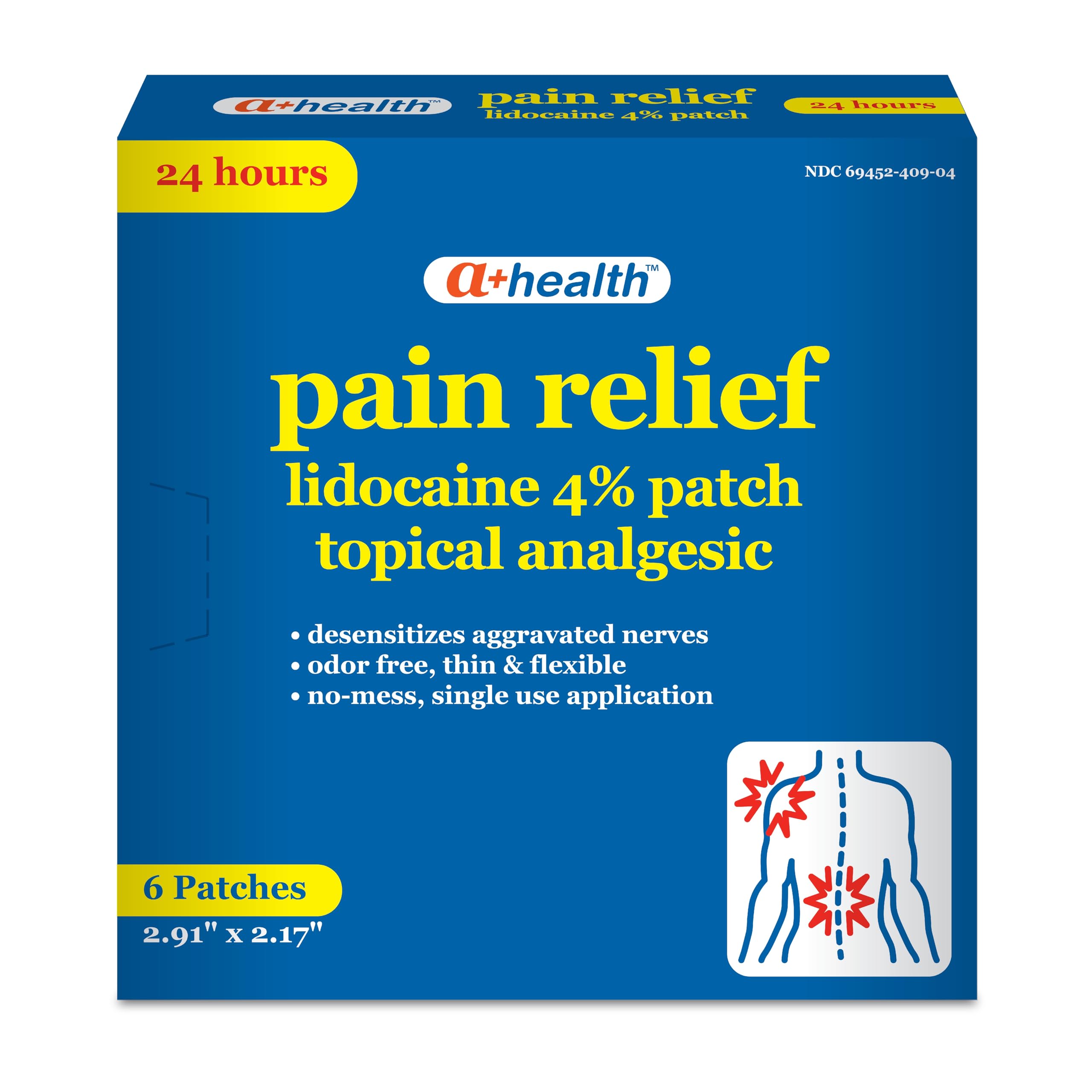 A+Health Lidocaine Patch, 24-Hour Pain Relief, 4% Lidocaine, Made in USA, 6 Count