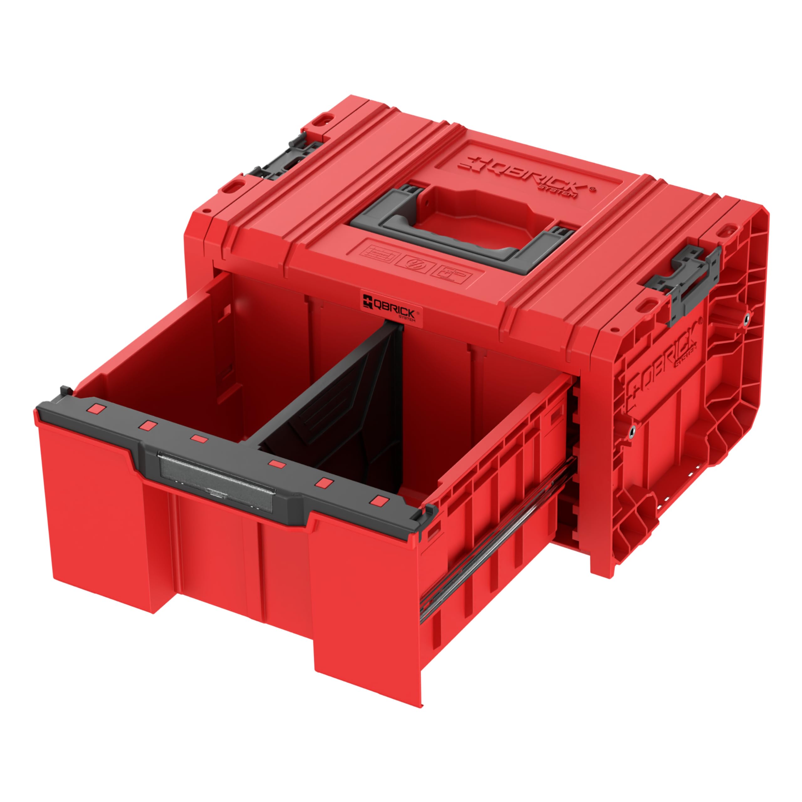 Extra robuste Schublade für schwere Werkzeuge – Der Werkzeugkoffer bietet eine tiefe, voll ausziehbare Schublade auf Metallschienen, ideal für sperrige Elektrowerkzeuge und Handwerkzeuge.