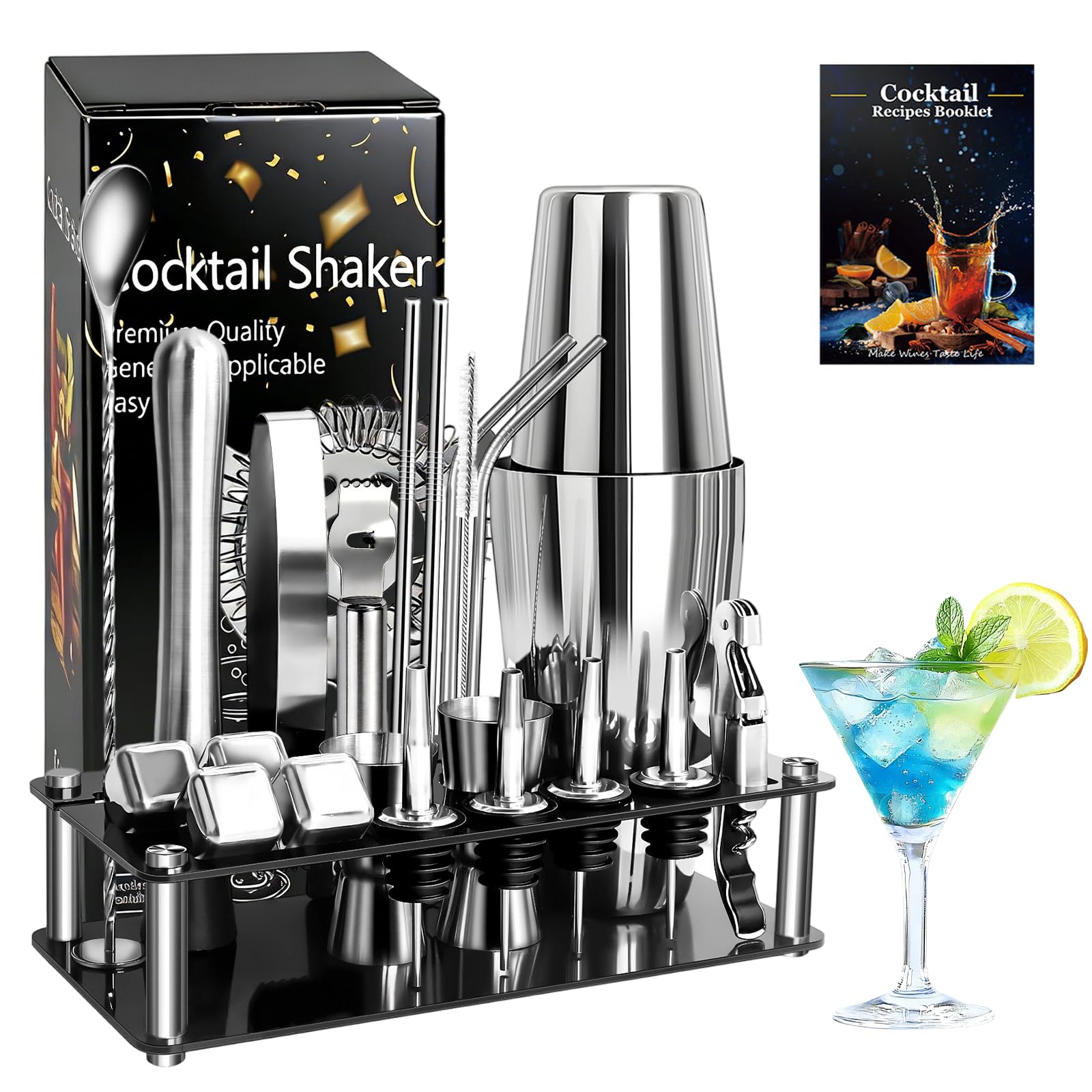 Lot de 23 shakers à cocktail de qualité supérieure avec shaker Boston en acier inoxydable de 750 ml, kit de fabrication de cocktails avec support en acrylique, pilon, doseur doseur, passoire, cuillère