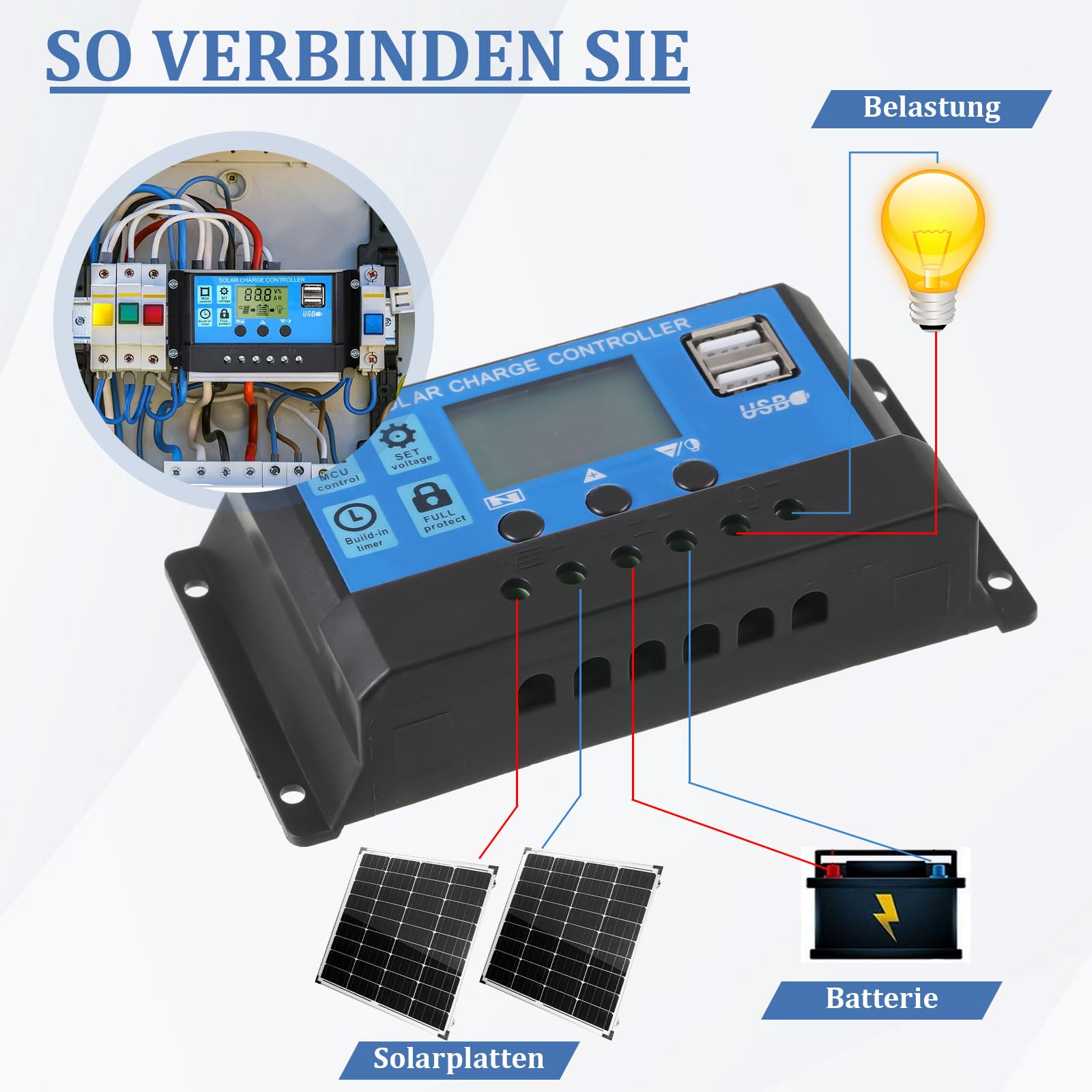 Régulateur de Charge Solaire 30 A 12 V/24 V,Contrôleur de Charge Solaire, Régulateur Intelligent de Panneau Solaire, Contrôleur Solaire Intelligent Avec Écran Lcd, Port USB Pour Batteries Au Plomb