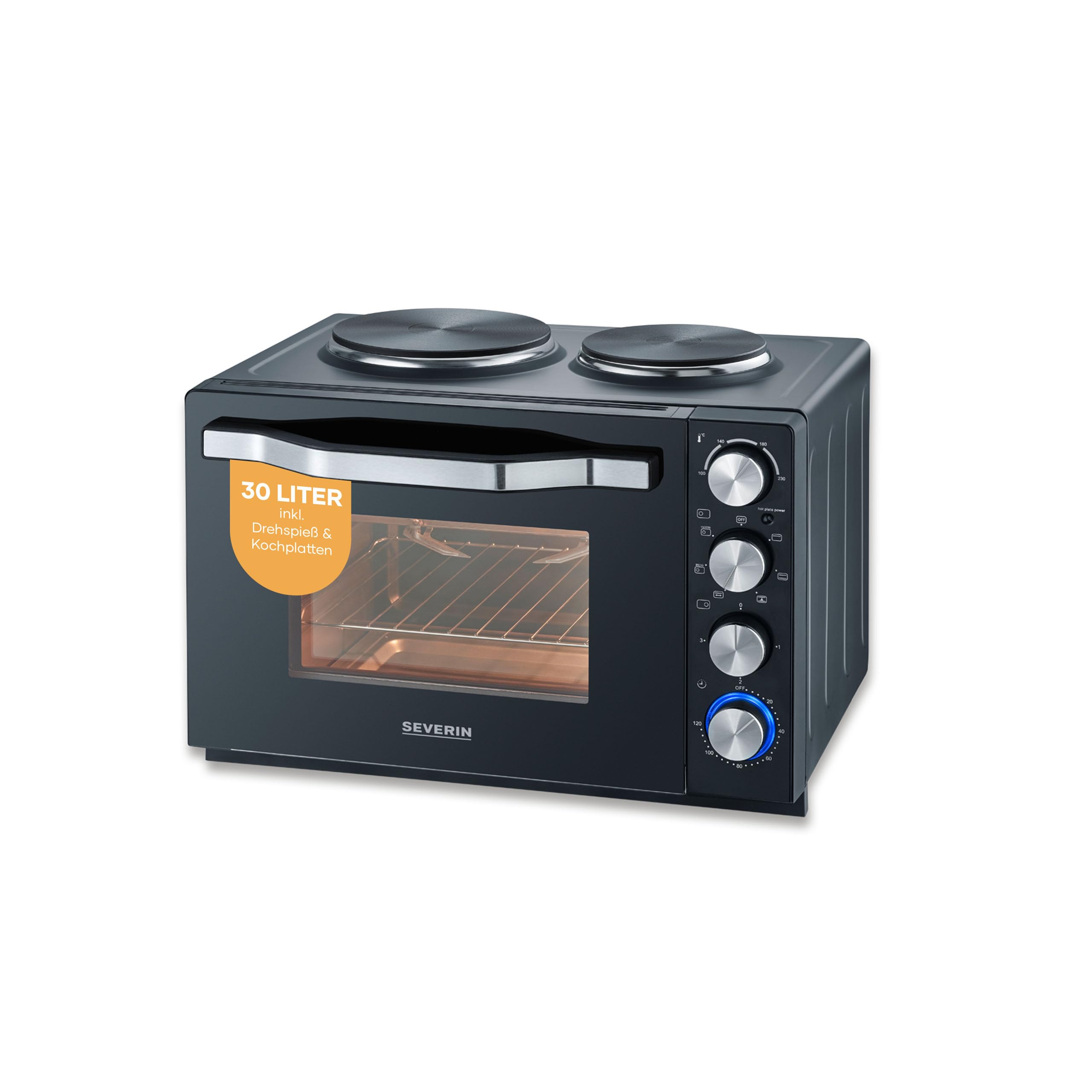 SEVERIN Back- und Toastofen mit Kochplatten, Ofen mit 30 L Garrauminhalt, mit Kochplatten zum Kochen, Grillen und Backen, Gesamtleistung 2500 W, schwarz, TO 2074