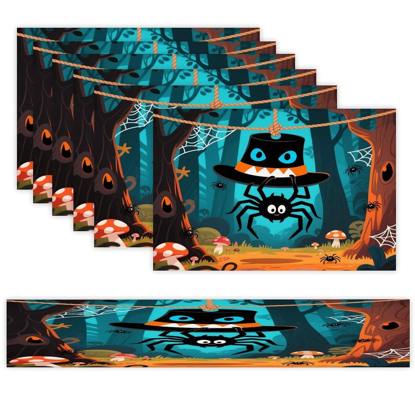 Halloween Hat Night Table Runner and Placemats Set of 7 Linen Table Mat Non-Slip Place Mats Washable Placemat Heat Resistant Place Mat with Table Runner for Party Dining Decor