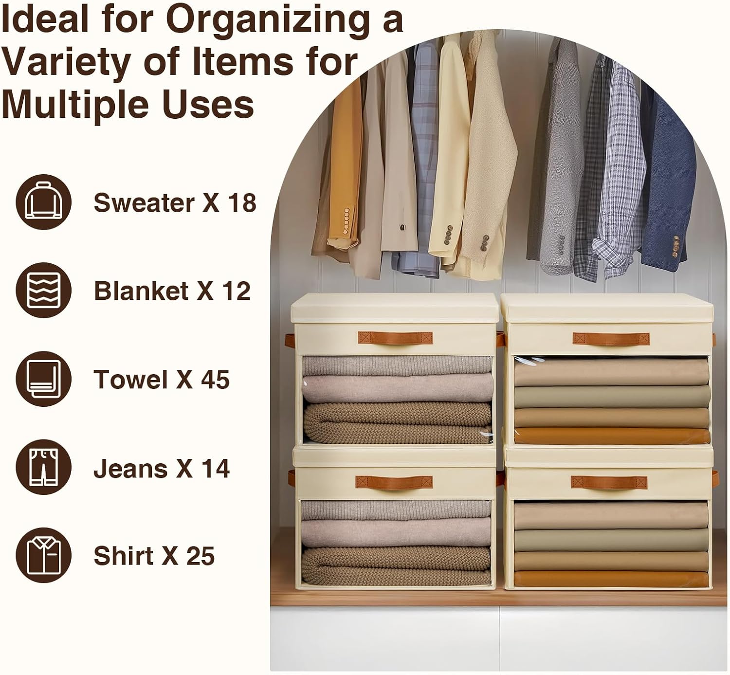 Homsorout Large Storage Bins with Lids - 6 Pack Foldable Decorative Organizers with Clear Windows & Handles, Cube Storage Organizers for Clothes, Blankets, Sweaters, CD, Beige