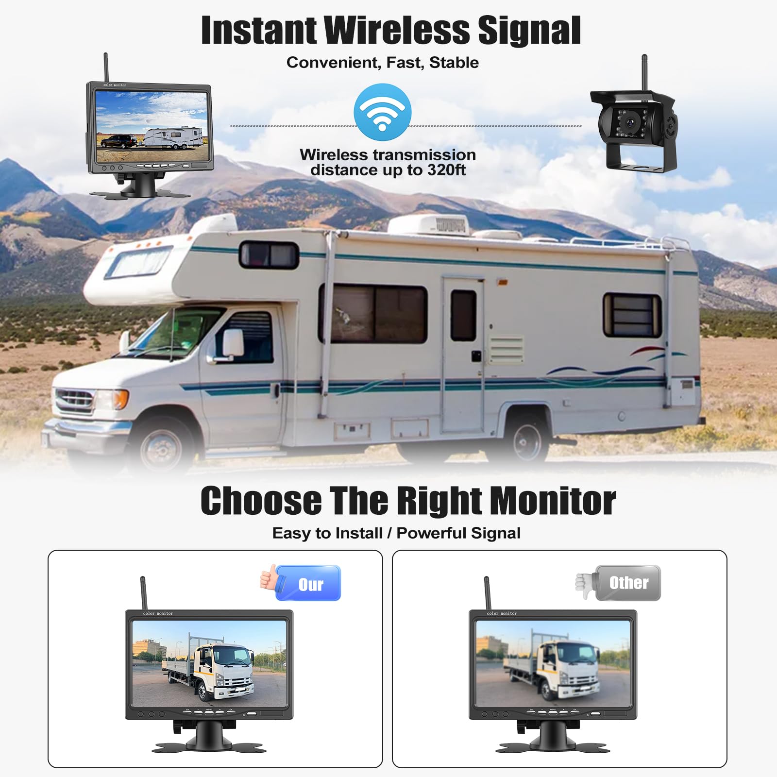 CAMECHO Rückfahrkamera Kabellos, 7 Zoll TFT LCD Monitor und Parkkamera IP68K wasserdichte Auto Rückfahrkamera Funk, 1080P HD Nachtsicht 120° Weitwinkel für Auto/Fahrzeug/LKW/Van/Caravan/Camper