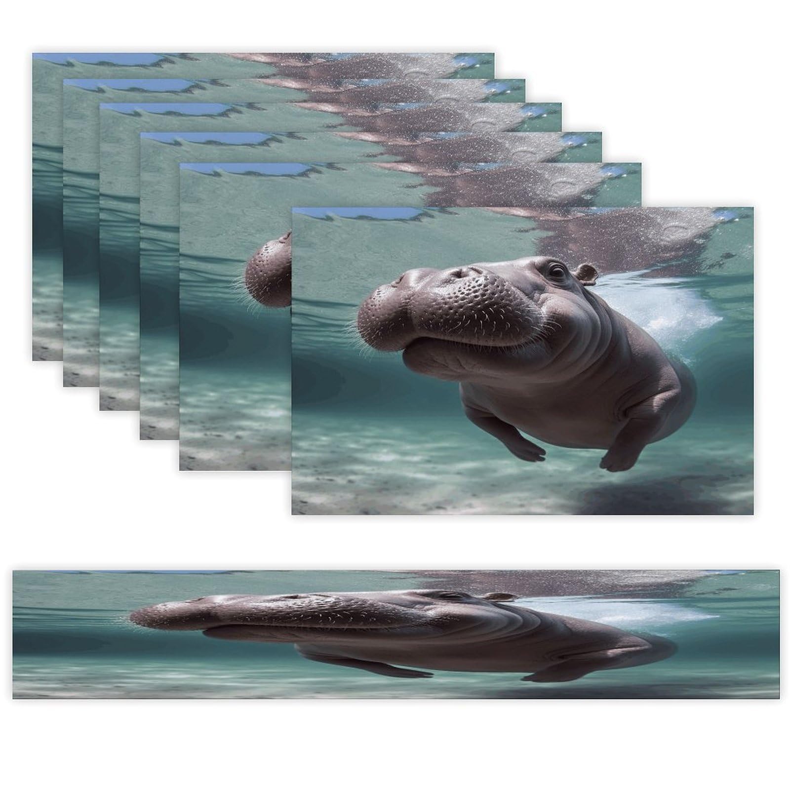 Diving Hippo Table Runner and Placemats of 6 Washable Heat Resistant Place Mats with Table Runner Vintage Holiday Table Mat Set for Holiday Party Kitchen Dining Deco
