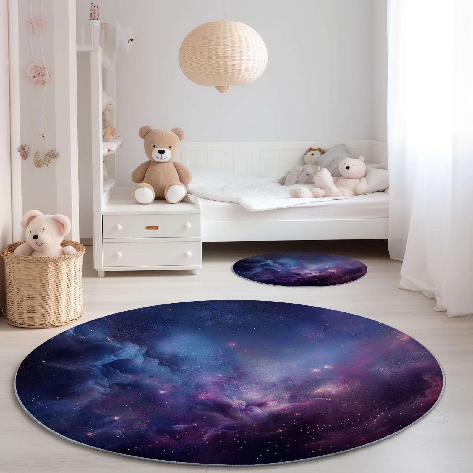Genérico Alfombra Redonda para habitación Infantil Patrón del Universo Galáctico, Estilo Natural Alfombra Antideslizante Suave y esponjosa para Sala de Estar, Dormitorio, Comedor, 120 cm, Azul Morado