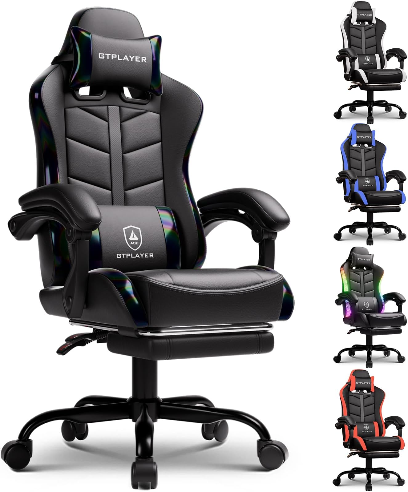 GTPLAYER Gaming Chair with Footrest, Computer Gaming Chair for Adults and Kids, Height Adjustable Gamer Chair with 90-155° Recline & Removable Headrest Lumbar Support,Colorful Black