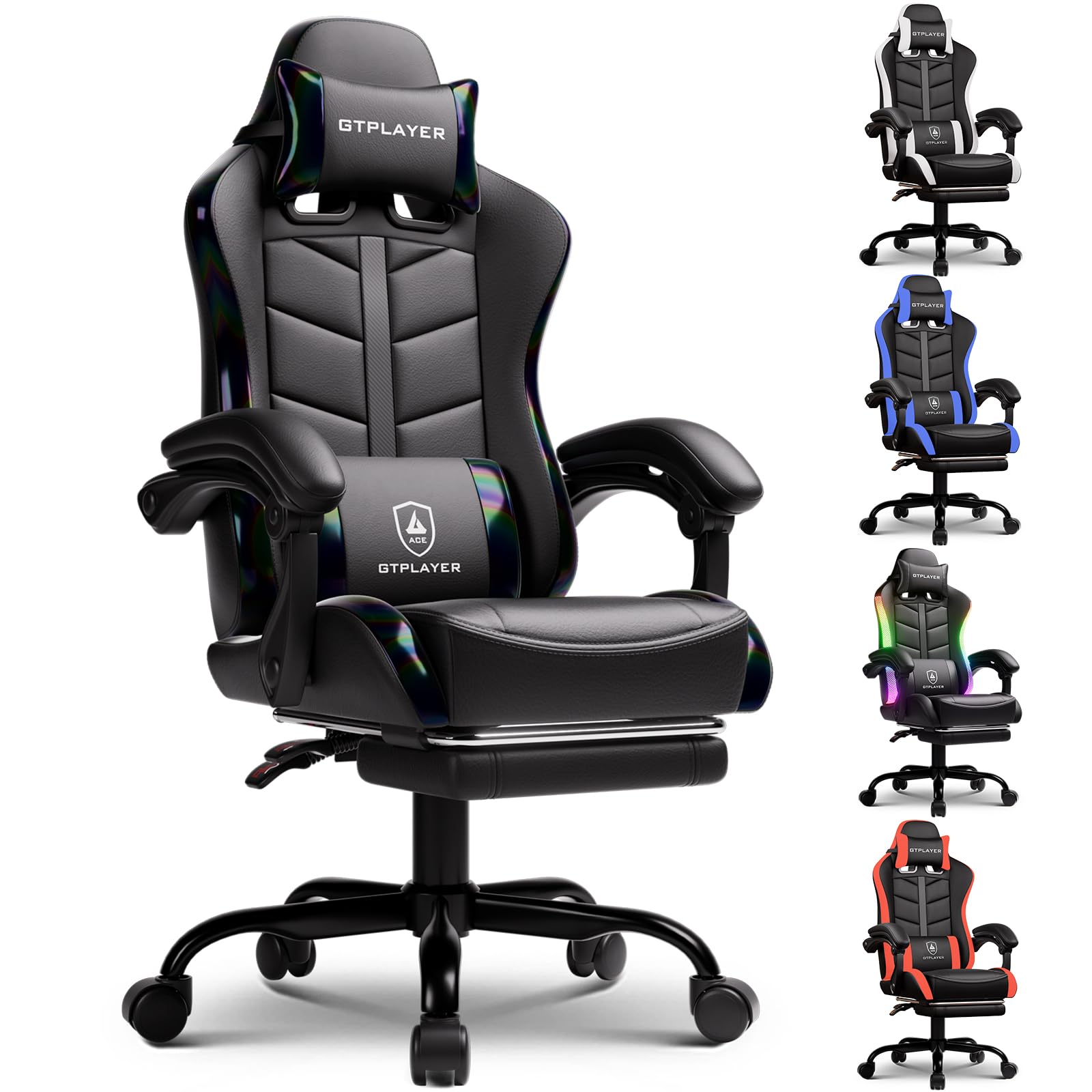 GTPLAYER Gaming Chair with Footrest, Computer Gaming Chair for Adults and Kids, Height Adjustable Gamer Chair with 90-155° Recline & Removable Headrest Lumbar Support,Colorful Black