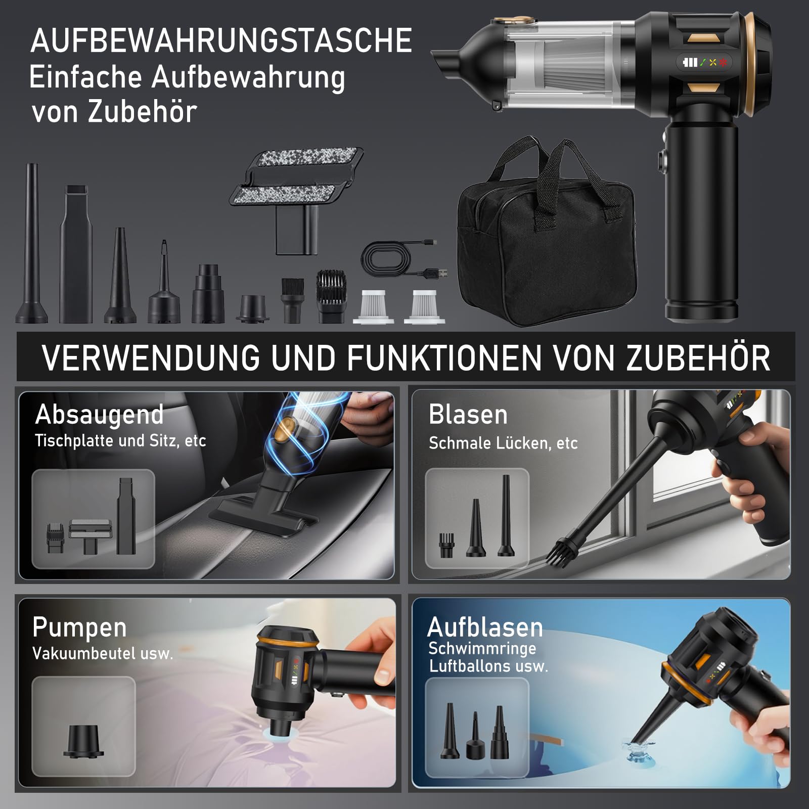 4-in-1 Handstaubsauger Akku, Autostaubsauger Kabellos 22000PA Mini Staubsauger, Aufladbar Tragbar Leicht Auto Staubsaug Stark, 220000 U/min Elektrische Staubgebläse für den Auto,Büro,Küche,Ti