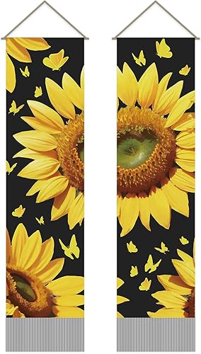 Miniatura 1 de AHANDMAKER 2 tapices de girasol, tapiz vertical de flores de mariposa para colgar en la pared, tapiz de flores amarillas, decoración rústica para