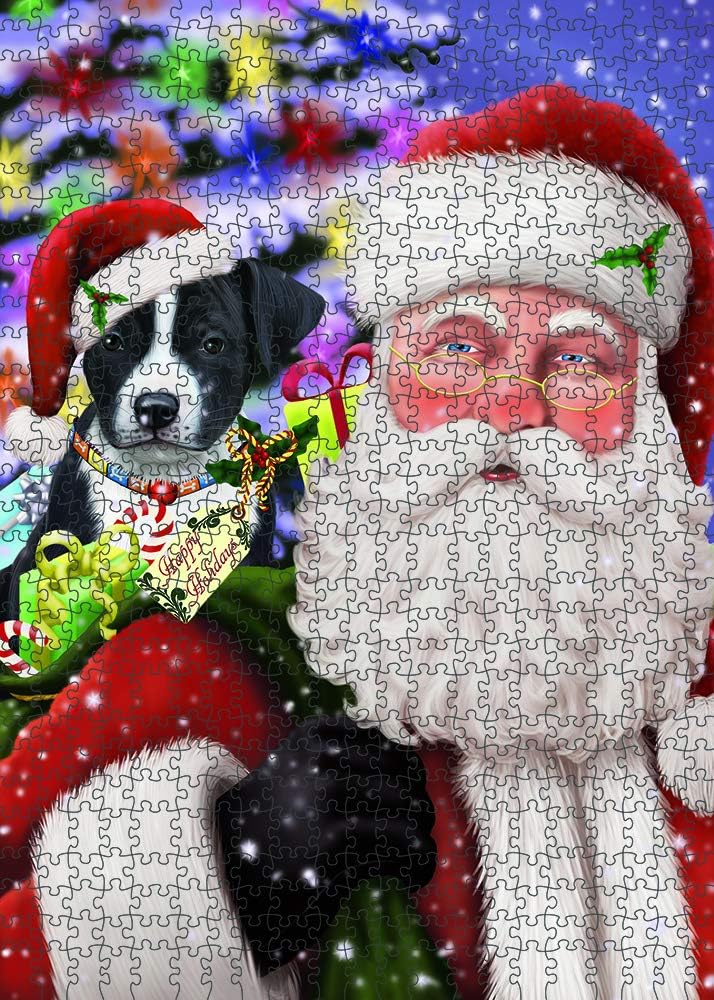 Christmas Santa with Presents and American Staffordshire Dog Jigsaw Puzzle for Adults - Animal Printed Interlocking Puzzle Game Gift for Dog Lover's -1000 Pcs 29.5"x19.7", PZLE56128