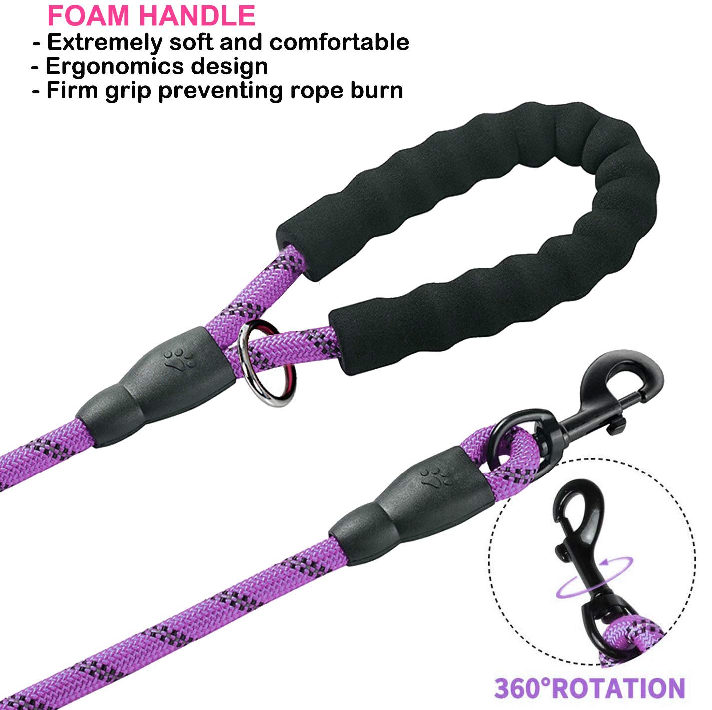 Correa para perros JSXD con asa doble cómoda acolchada y reflectante, para perros pequeños, medianos, grandes y pequeños, cuerda leash, cuerda morada.