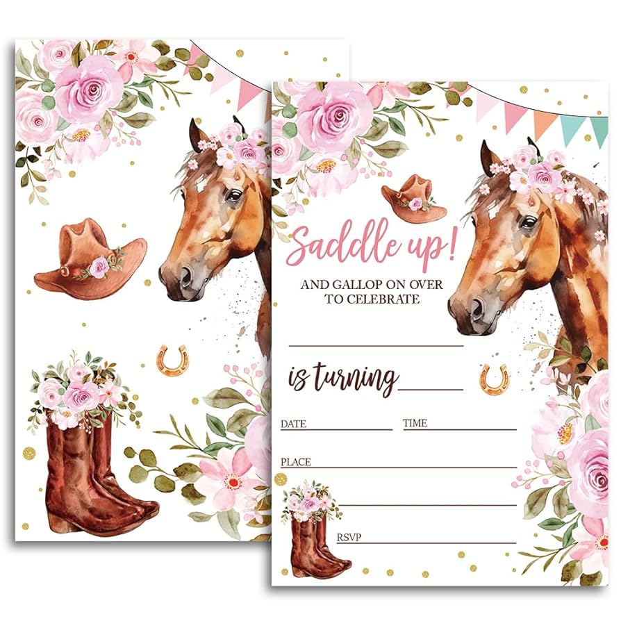 Amazon.com : Horse Birthday party Invitations, Saddle Up Party invite, Floral Pony Birthday, Cowgirl Western Rodeo Kids Themed.（061） : Home & Kitchen for Free Printable Horse Birthday Party Invitations