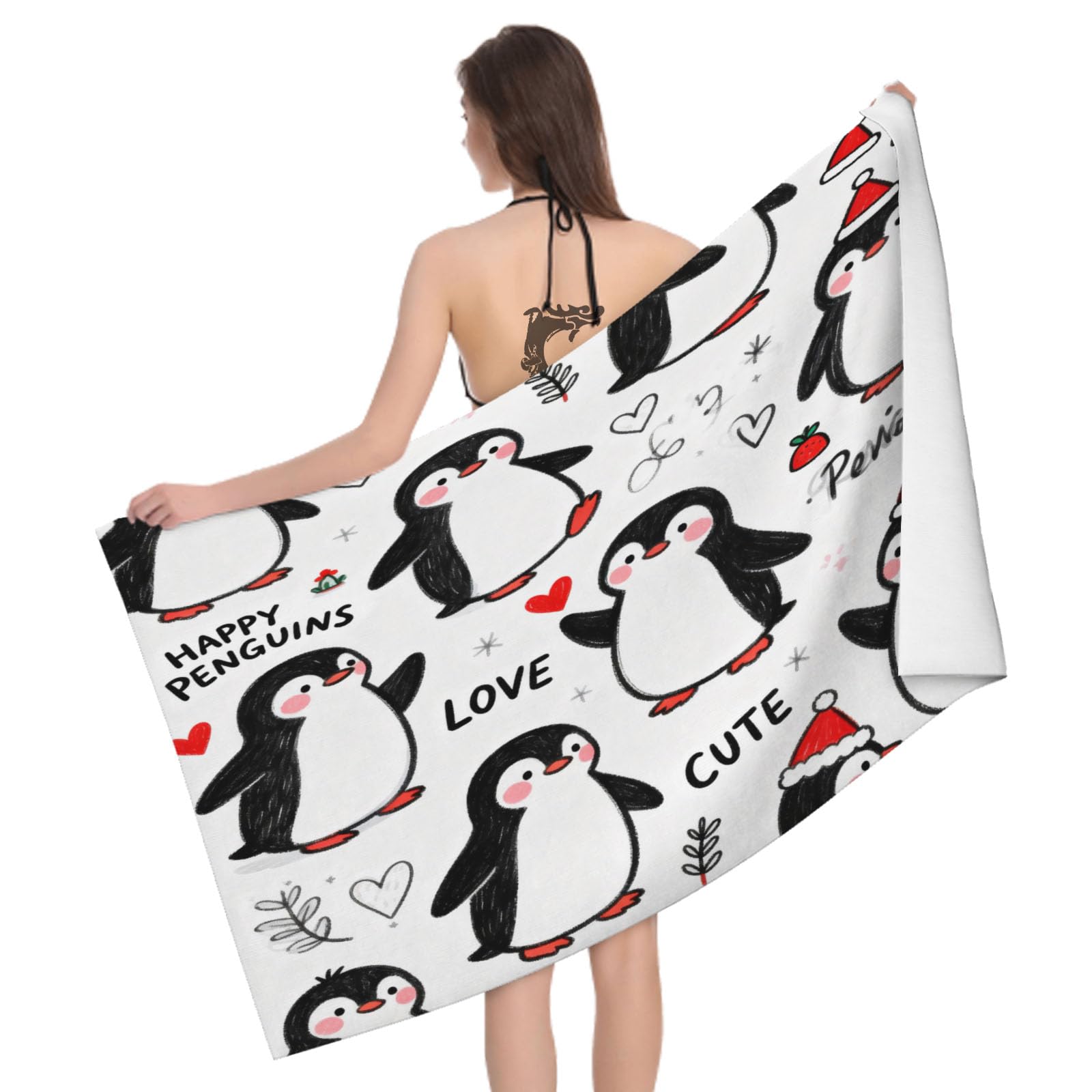 Leichong 3D Penguin Print Beach Towel Large Microfiber Soft Quick Dry for Adults, Christmas Bath Towel Lightweight Soft Absorbent for Travel Swimming Pool Sports, 180 x 90 cm