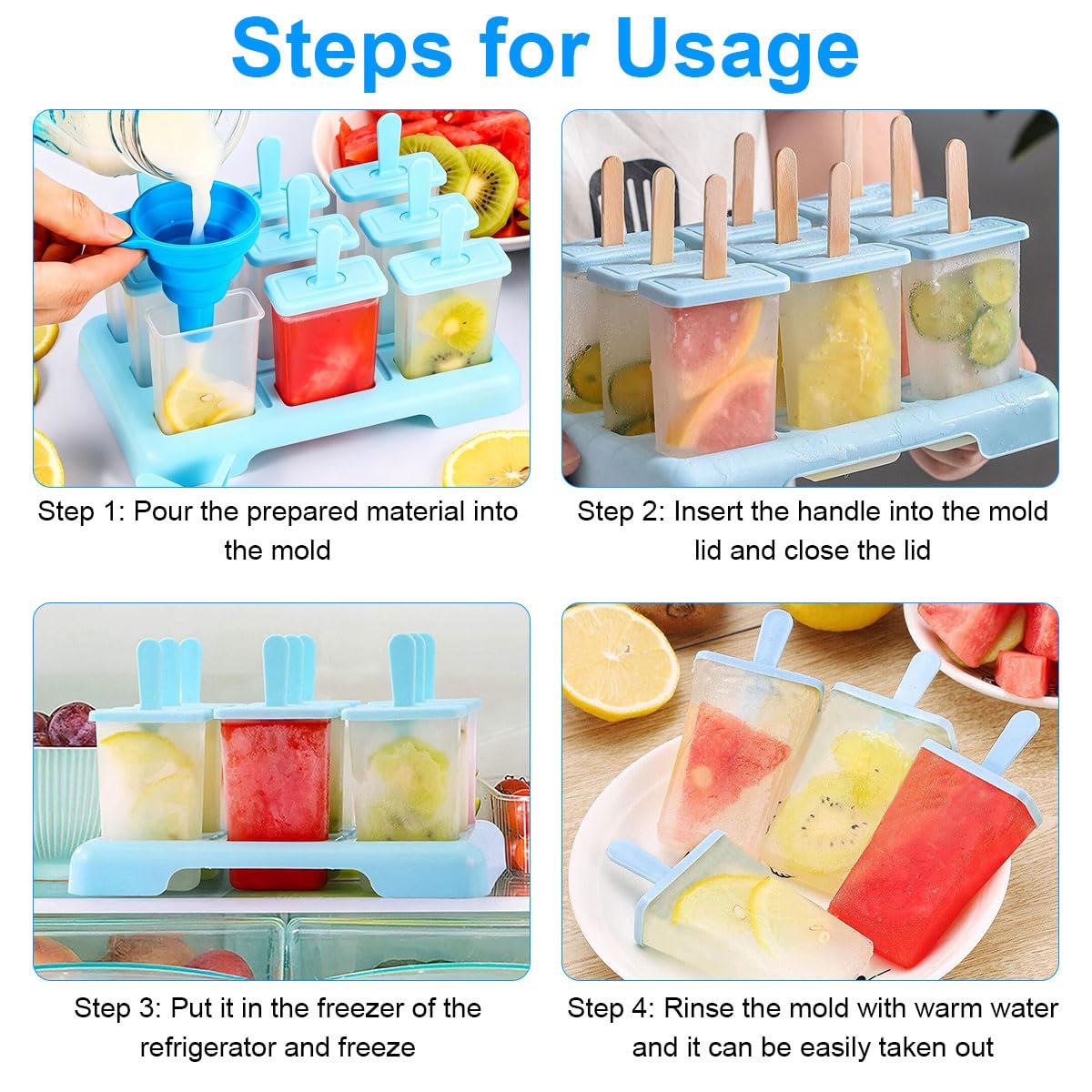 9 Cavidades Moldes Para Helados Con Palo, Moldes Helados, DIY Molde Helado, con Cepillo De Limpieza Y Un Embudo (Azul)