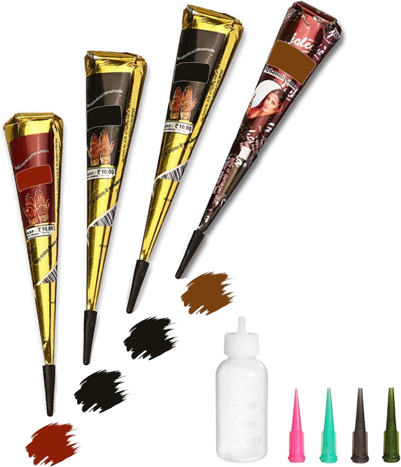 VLIN Tizoerly Temporary Tattoos Kit, 4Pcs Semi Permanent Tattoo Paste Cones, India Body DIY Art Painting for Women Men Kids, Freehand Plaste with 3 Colors, 20× Adhesive Stencil,1× Bottle,4× Nozzles