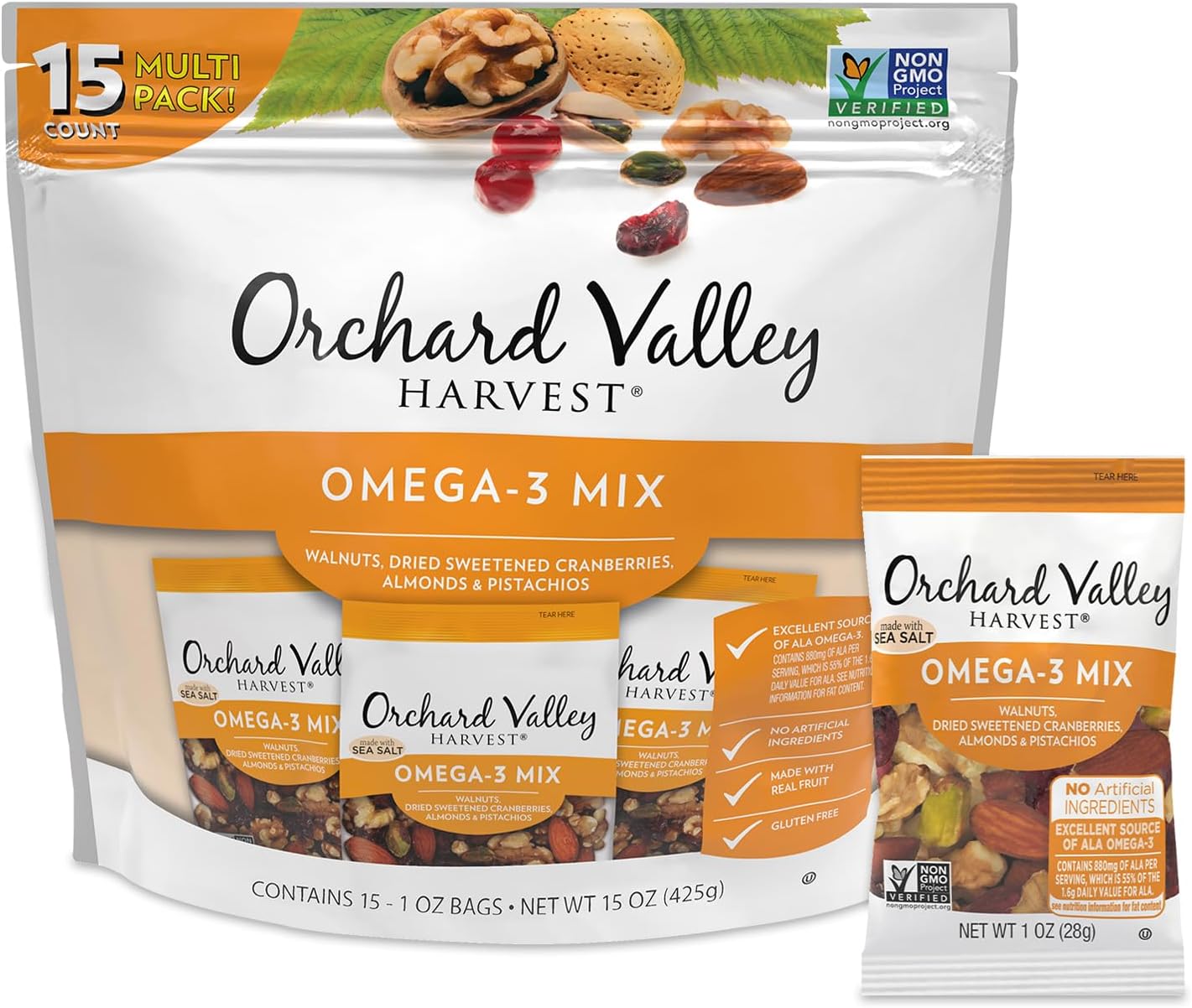 Orchard Valley Harvest Omega-3 Mix, 1 Ounce Bags (Pack of 15), Walnuts, Cranberries, Almonds, and Pistachios, Gluten Free, Non-GMO, No Artificial Ingredients, Healthy Snacks for Adults