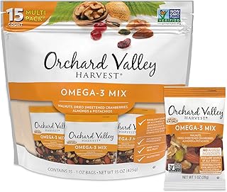 Orchard Valley Harvest Omega-3 Mix, 1 Ounce Bags (Pack of 15), Walnuts, Cranberries, Almonds, and Pistachios, Gluten Free, Non-GMO, No Artificial Ingredients, Healthy Snacks for Adults
