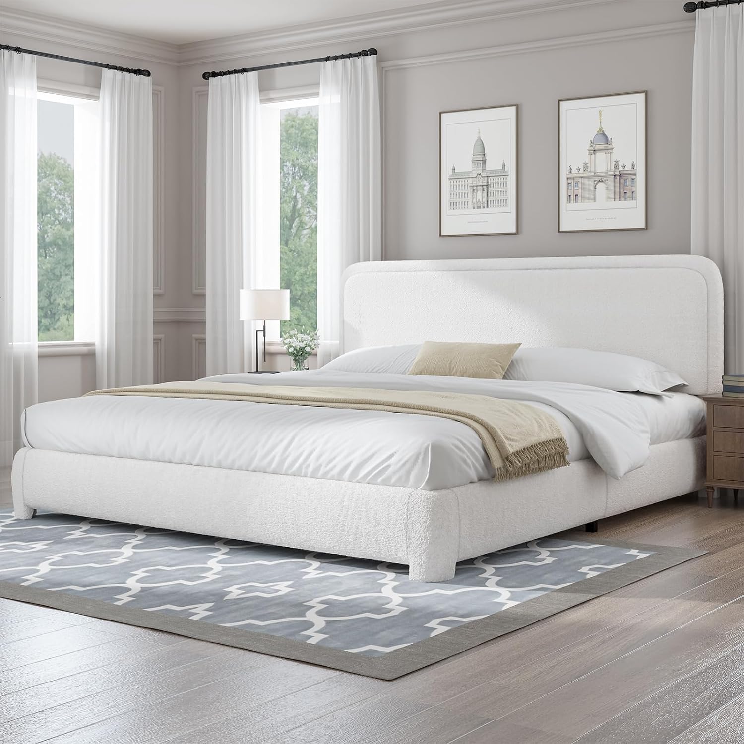 BarnFurin California King Bed Frame, Cloud Boucle Headboard, White