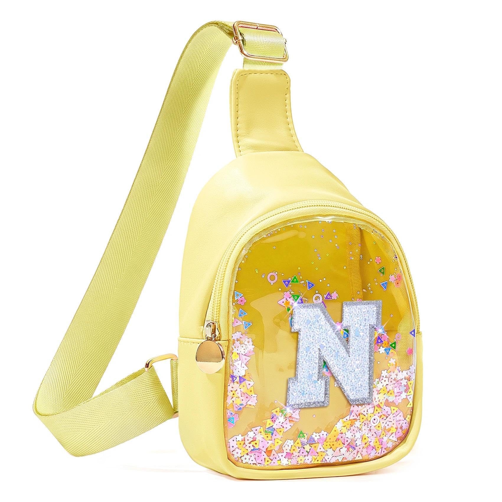 COSHAYSOO Personalized Christmas Birthday Gifts Burr Basket Stuffers for Girls Yellow Purse Sling Bag Crossbody Girl Cute Funny Cool Mini Travel Fashion Accessories Monogrammed Initial Letter N